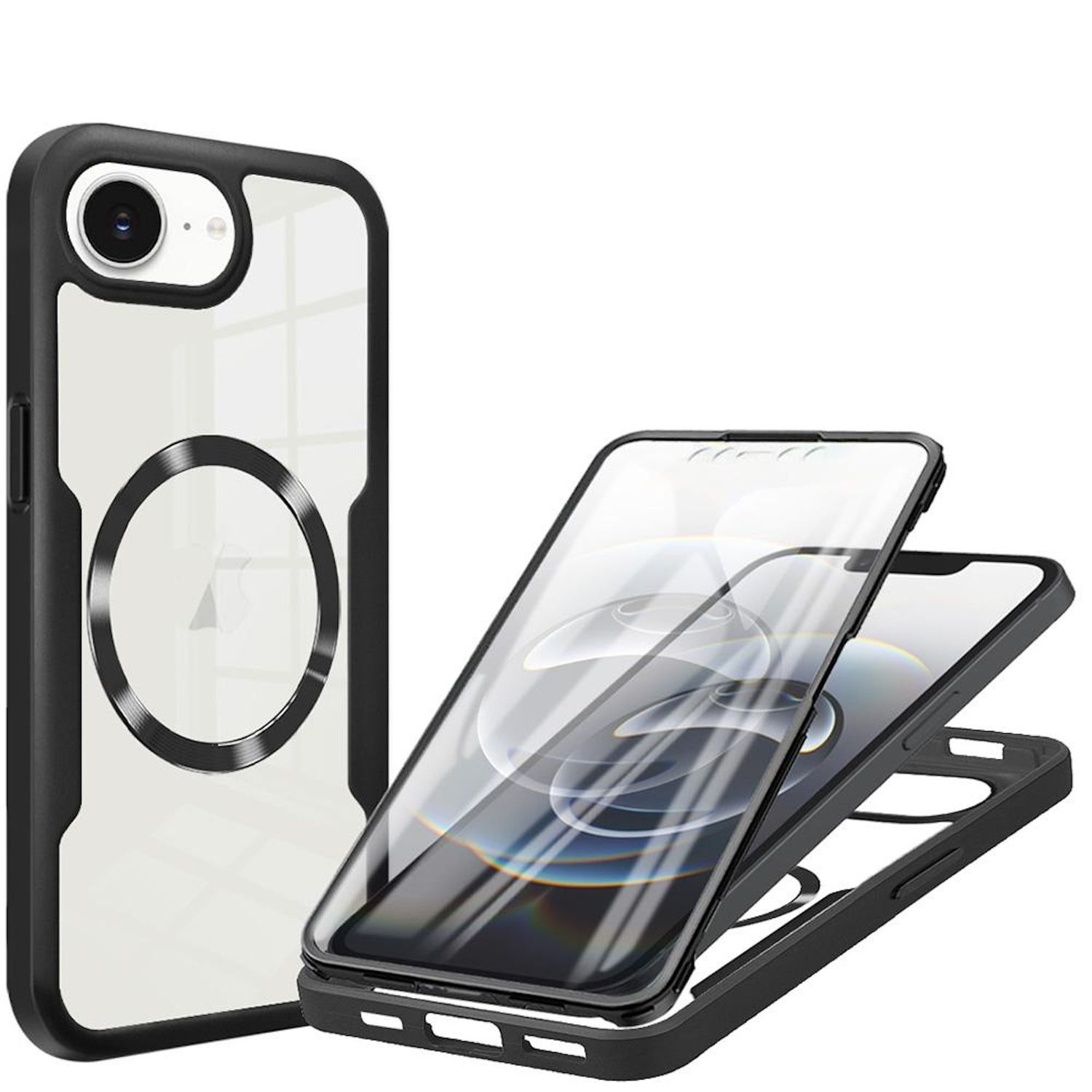 Schwarze und transparente Handyhülle, zweiteilig, mit Telefon darin. Weißer Hintergrund.