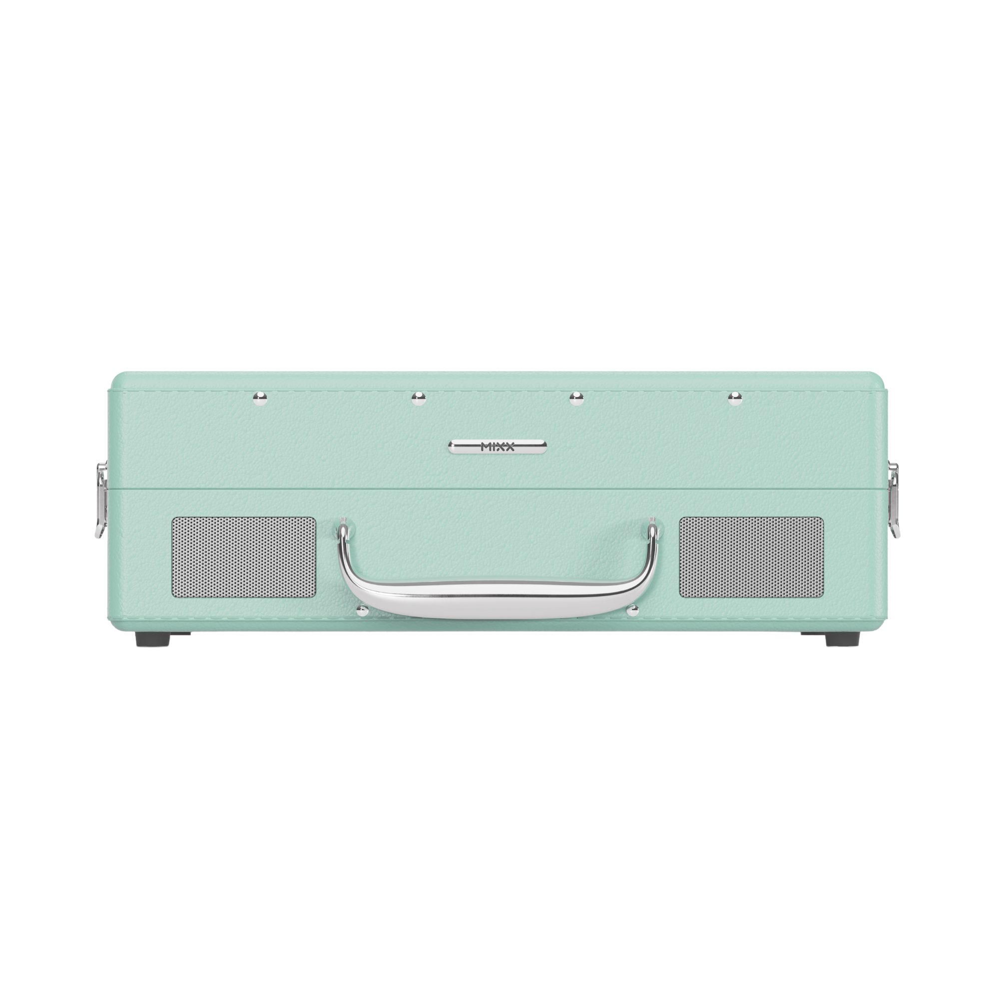 Custodia per giradischi color menta con manico. Sfondo bianco.