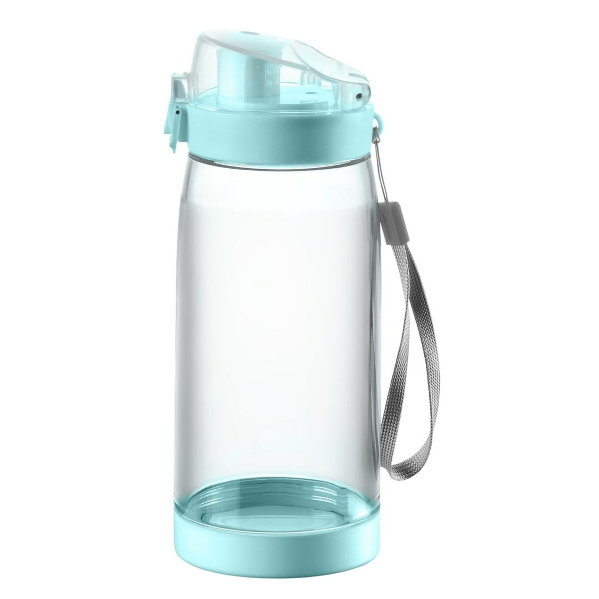 Blaue Wasserflasche mit transparentem Körper und grauem Riemen.