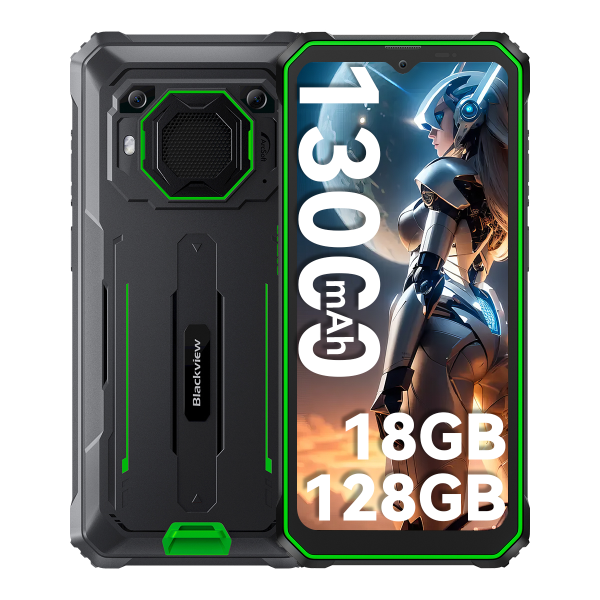 Blackview-Telefon mit Schwarz und Grün. Das Display zeigt 13000 mAh, 18 GB RAM und 128 GB Speicher. Eine weibliche Krieger-Grafik.