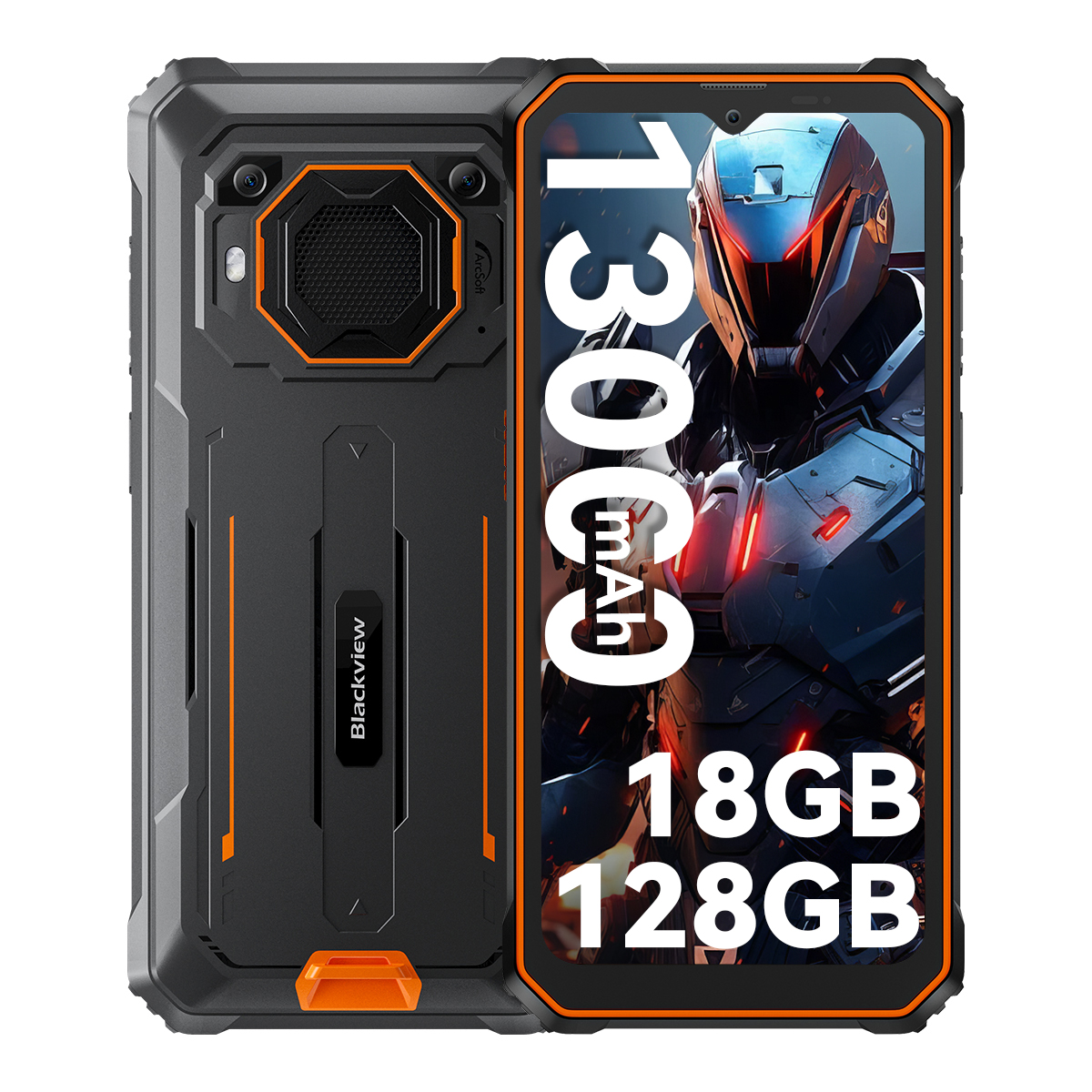 Blackview-Telefon, schwarz und orange. Bildschirm zeigt einen Krieger. Spezifikationen: 18GB RAM, 128GB Speicher, 13000mAh.