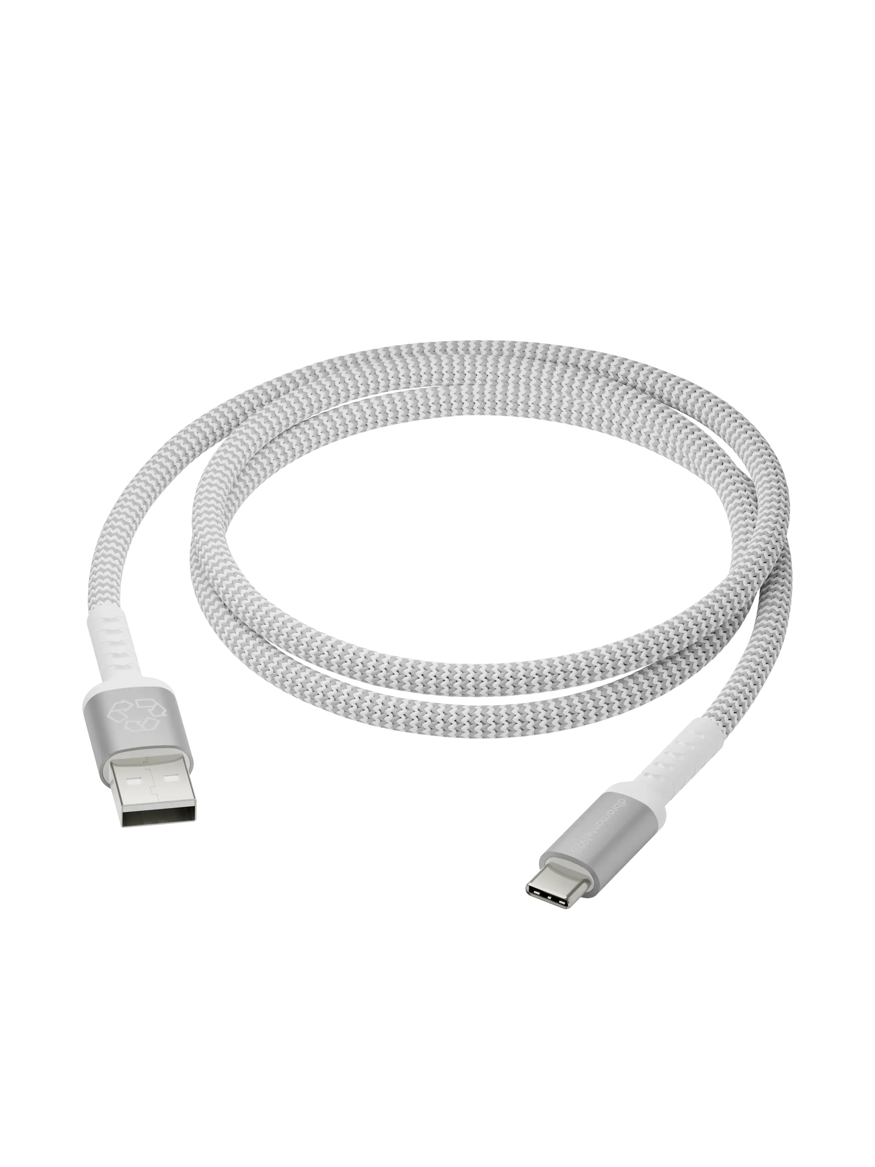 Cavo USB-C bianco, arrotolato. Intreccio grigio, connettori argentati. Sfondo nero.