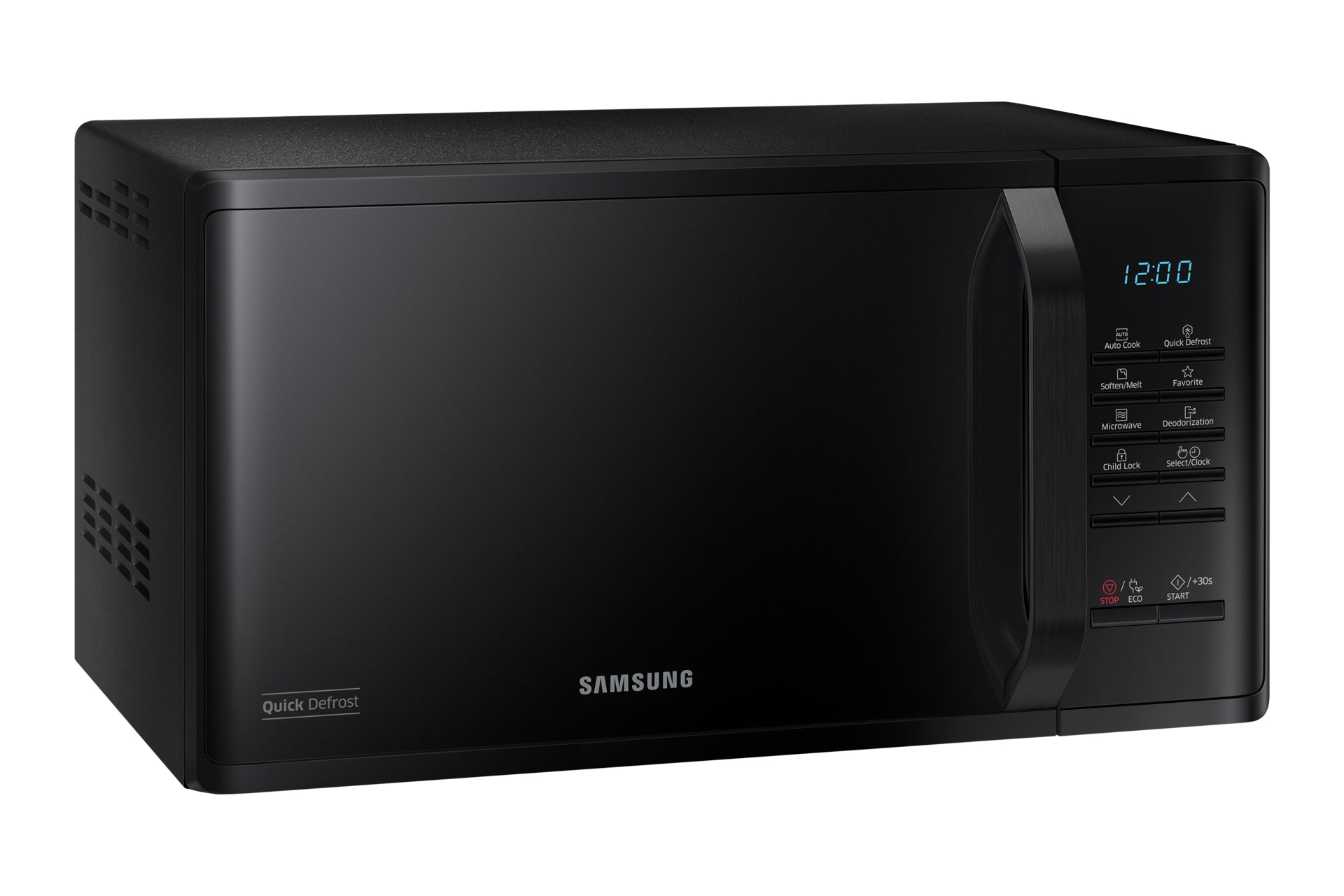 Forno a microonde Samsung nero. Controlli a destra, con display digitale che mostra l'ora: 12:00.