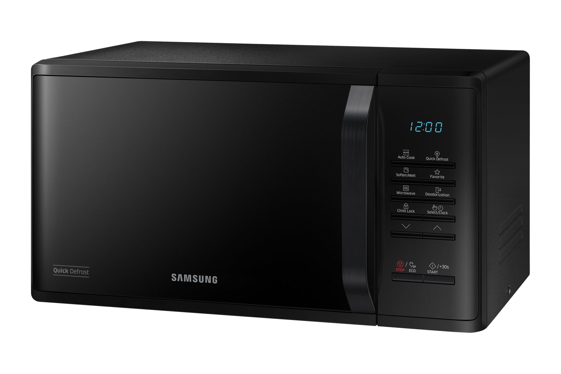 Forno a microonde nero, marca Samsung. Il display digitale mostra l'ora. Sfondo nero.