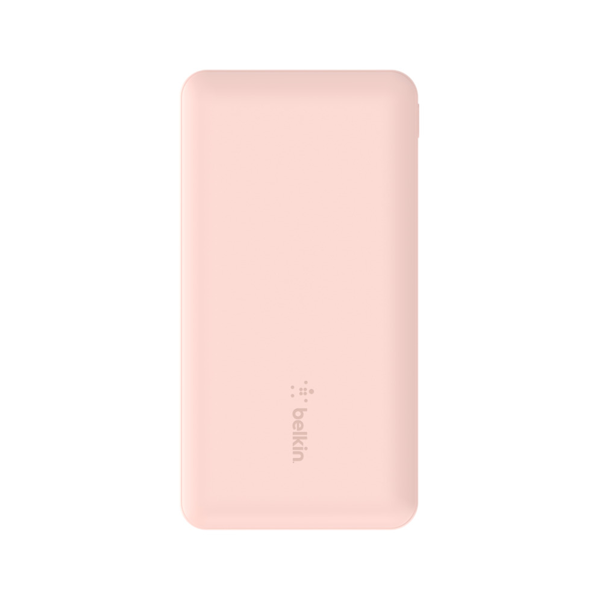 Roze powerbank met het Belkin-logo. Bovenaanzicht, glad oppervlak.