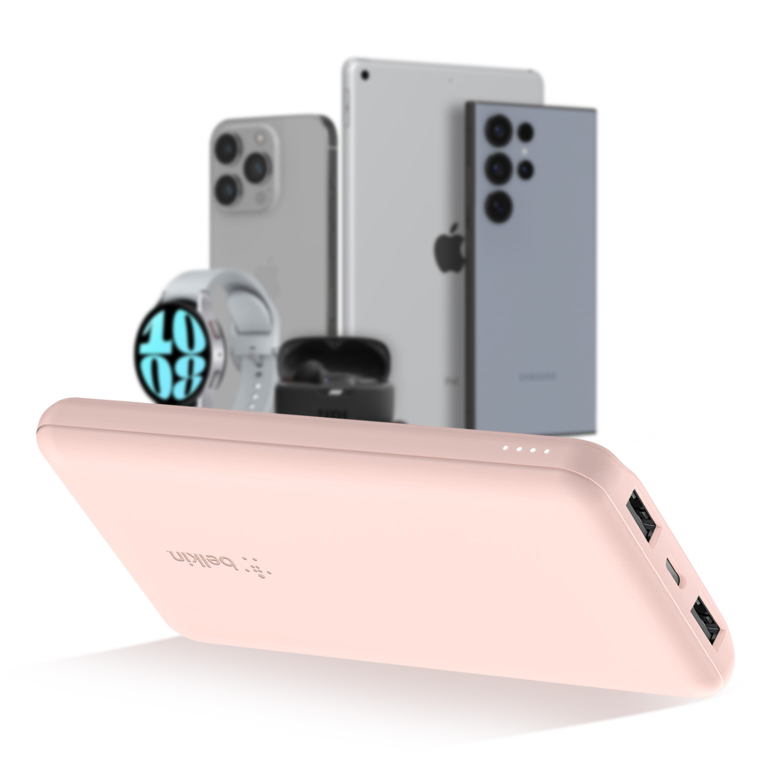 Powerbank die meerdere apparaten oplaadt. Inclusief telefoon, tablet, horloge en oordopjes. Roze powerbank.