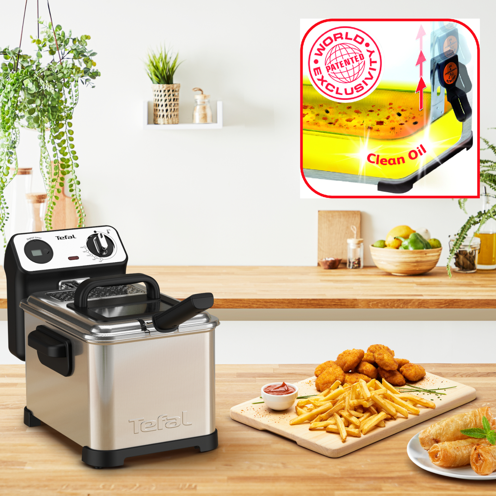 Frytownica z jedzeniem. Kosz do smażenia pokazuje system filtracji oleju. Nuggetsy i frytki gotowe.