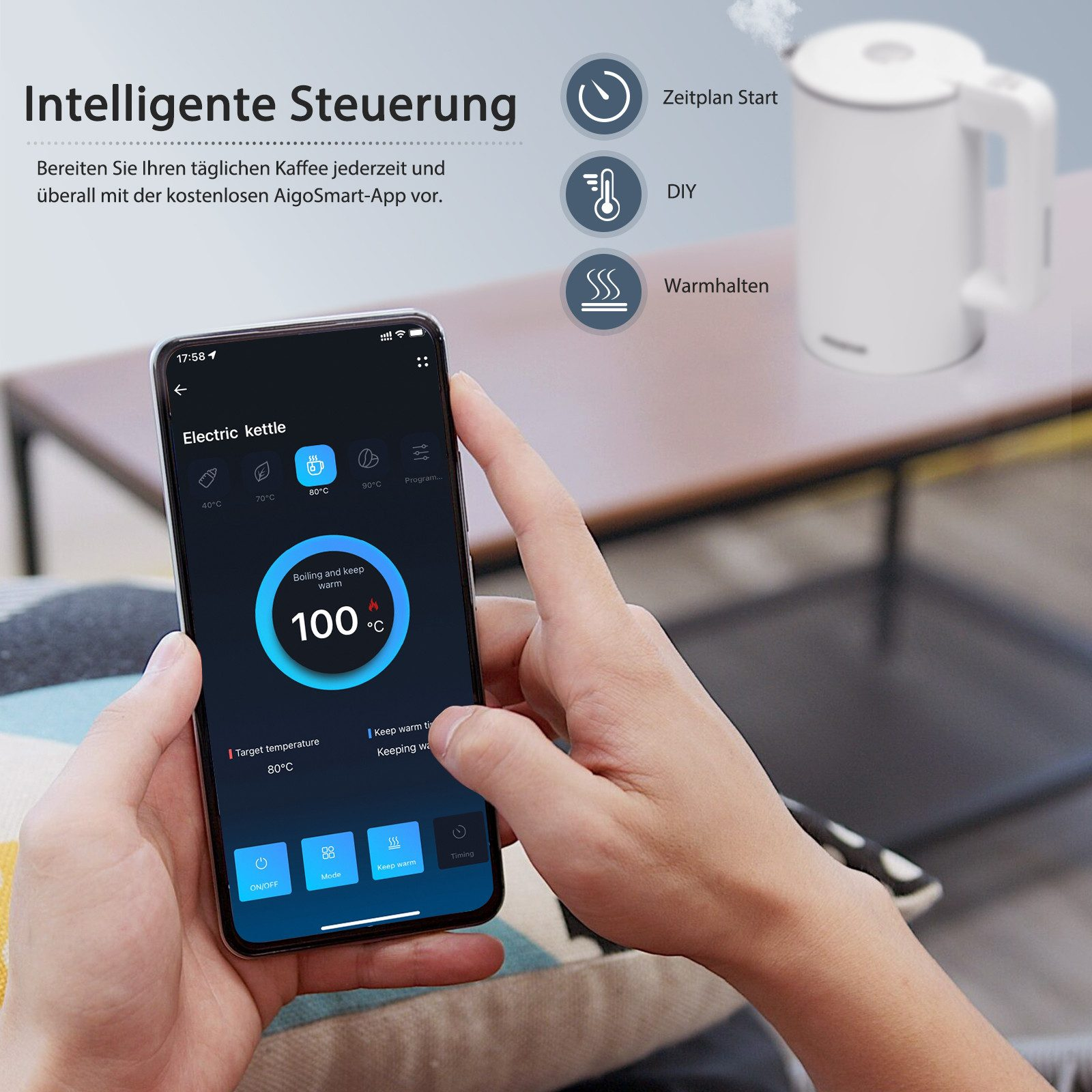 Person steuert weißen elektrischen Wasserkocher per Smartphone-App. Anzeige zeigt Temperatureinstellungen.