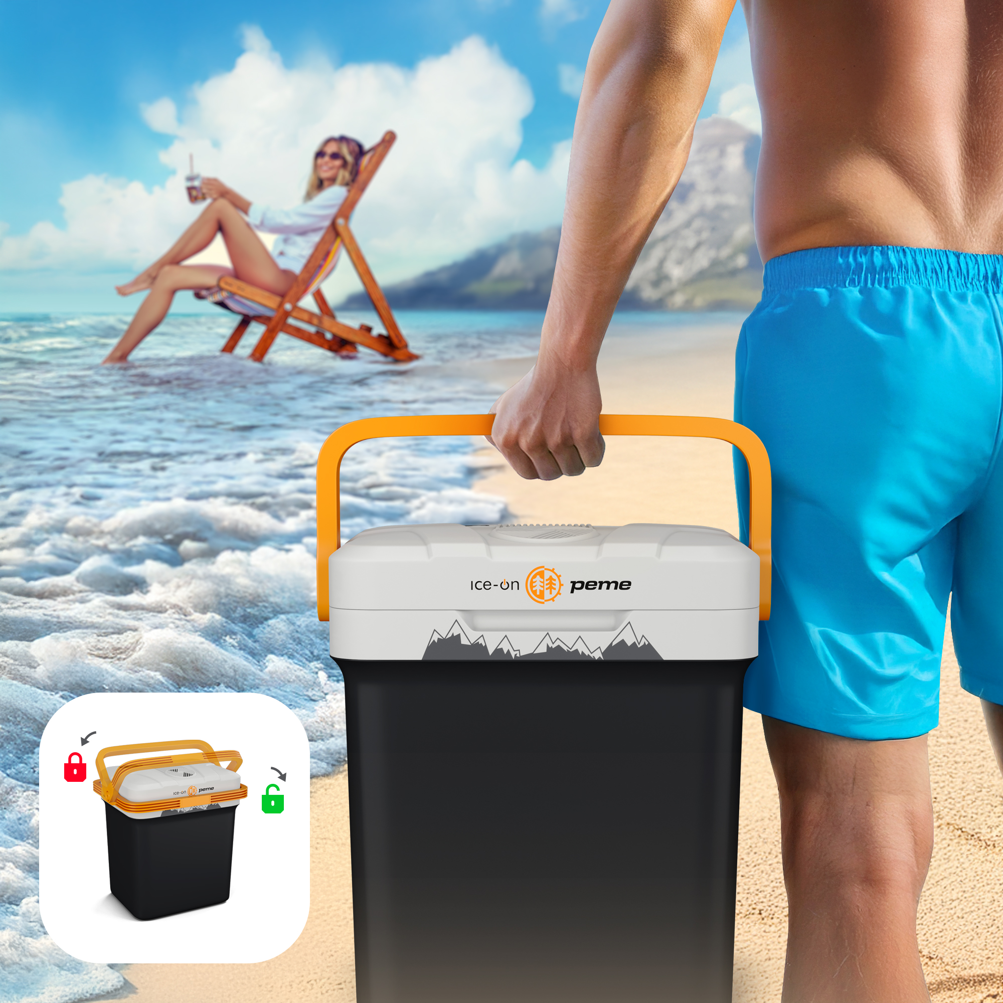 Mann trägt Kühler am Strand, Frau sonnt sich im Hintergrund am Meer.