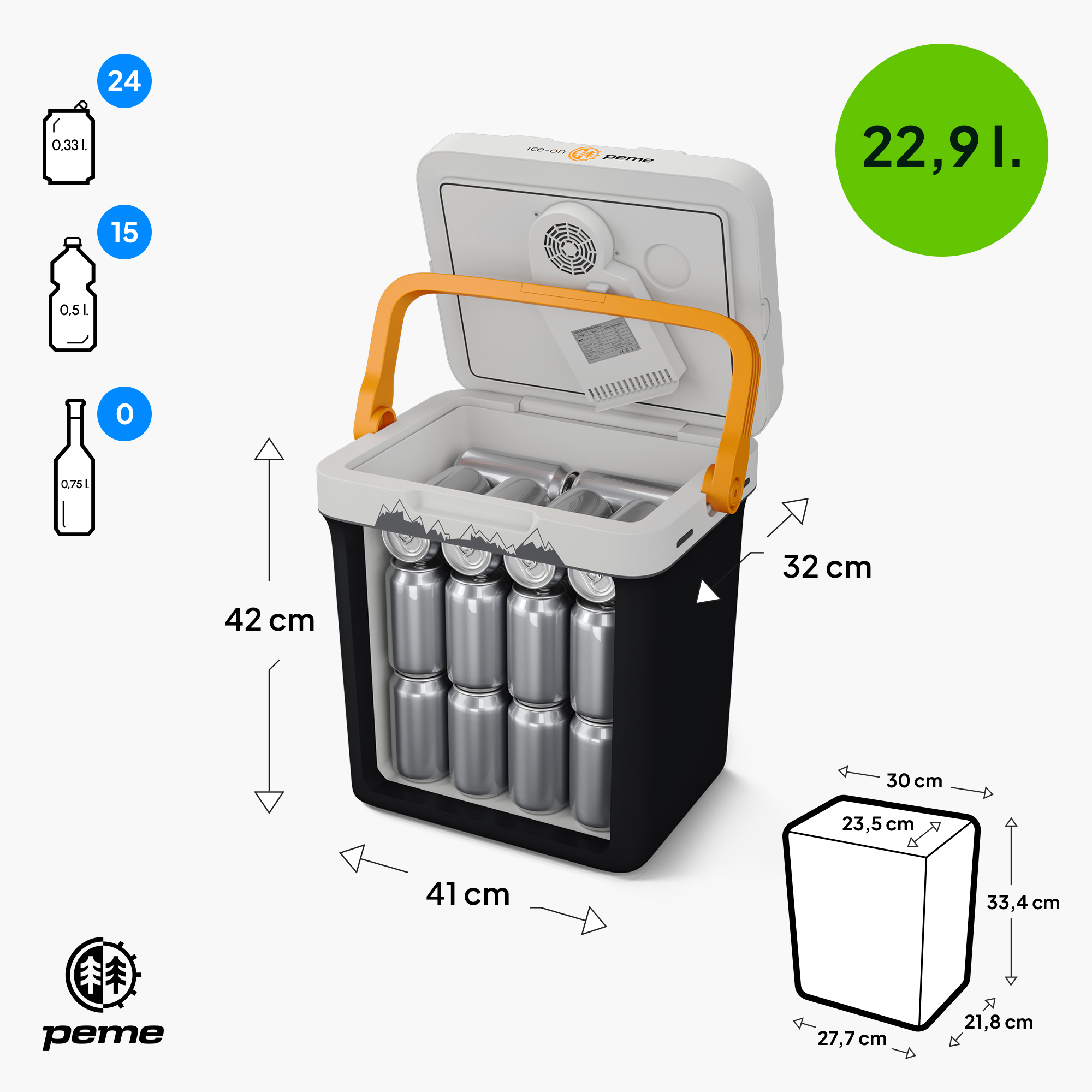 Tragbare Kühlbox mit Maßen und Kapazitätsangaben. Enthält Dosen, offener Deckel, orangefarbener Griff.