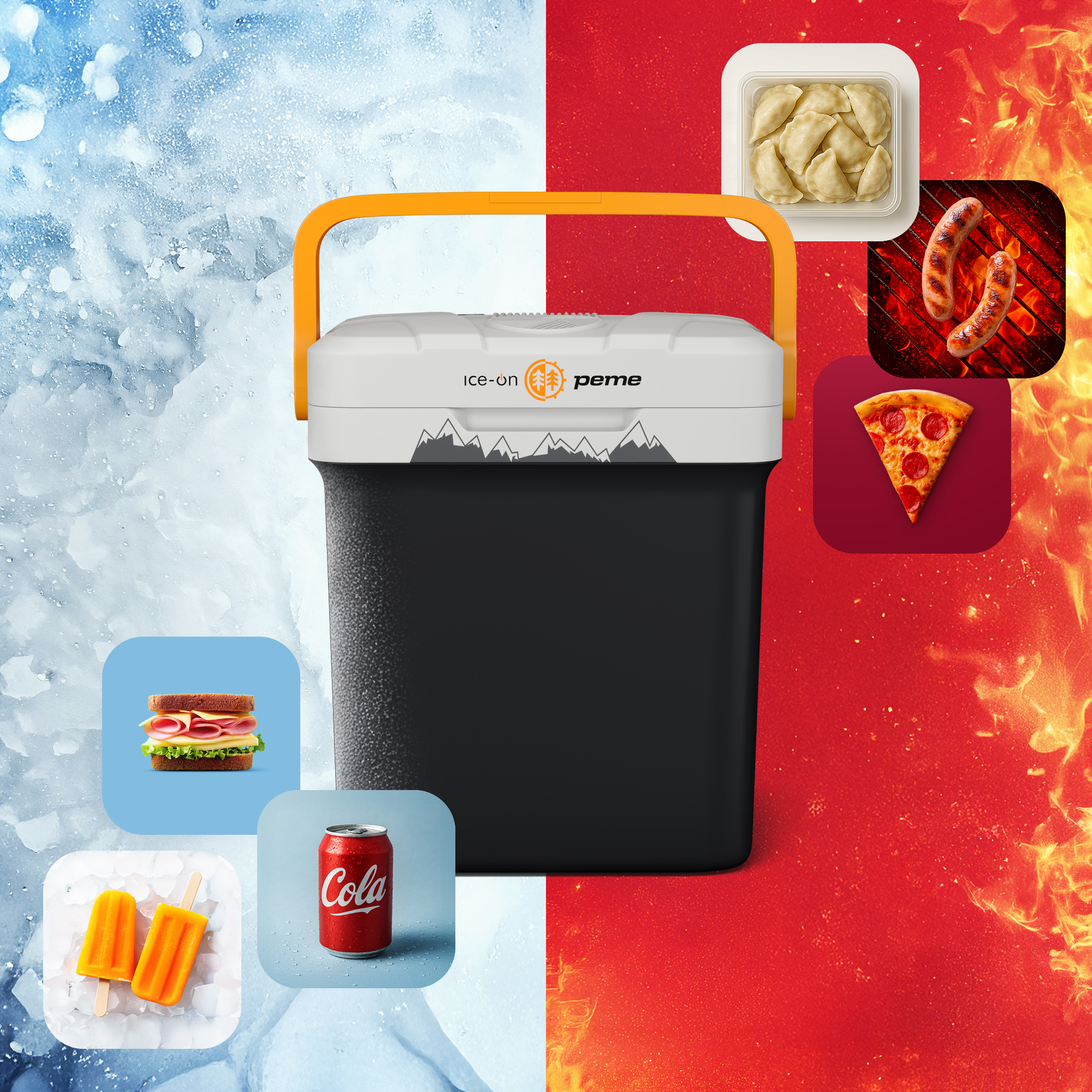 Kühltasche mit Essen: Sandwich, Eis am Stiel, Soda, Knödel, gegrillte Würstchen, Pizzastück; vor Eis- und Feuerhintergründen.