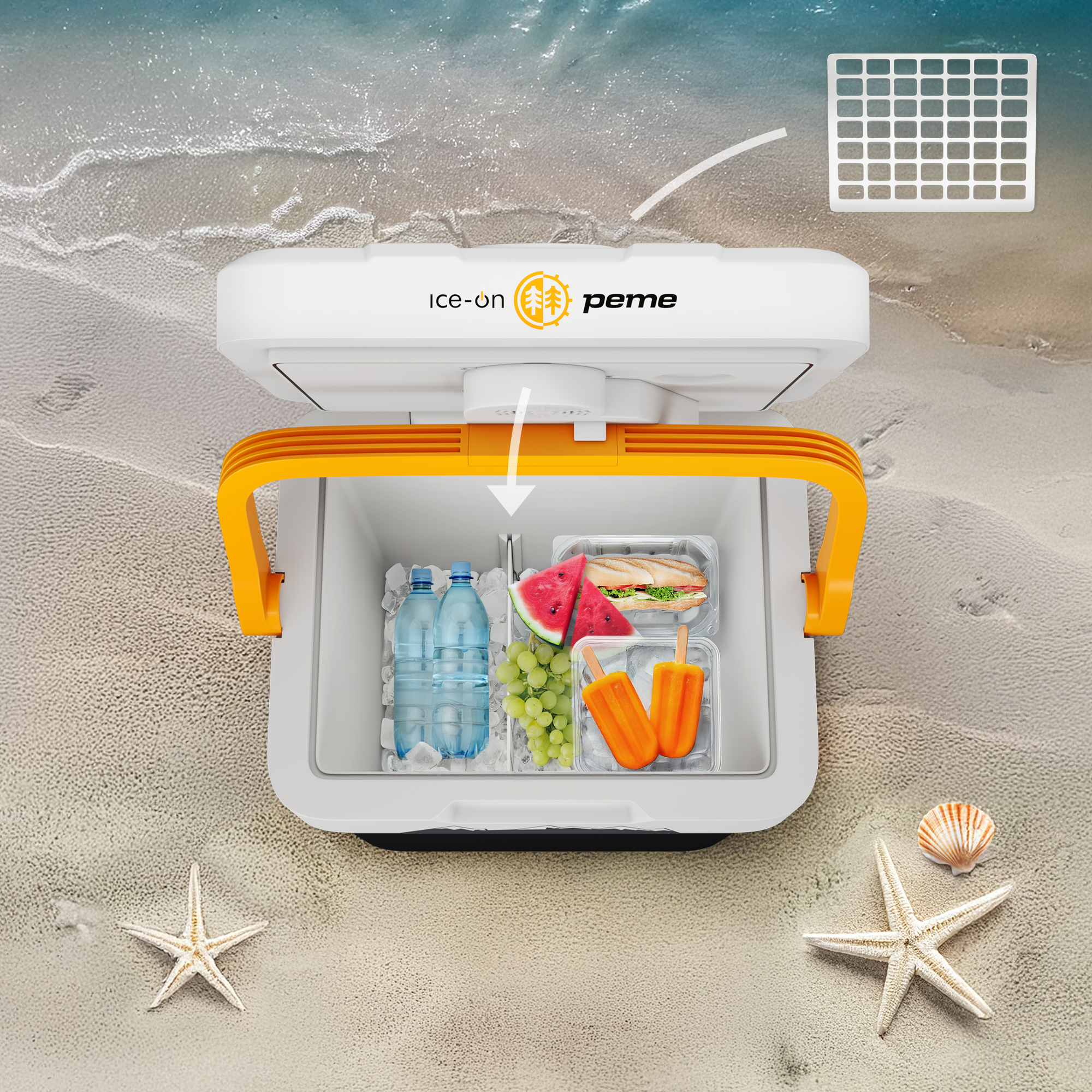 Tragbare Kühlbox am Strand geöffnet mit Essen und Getränken. Seesterne im Sand.