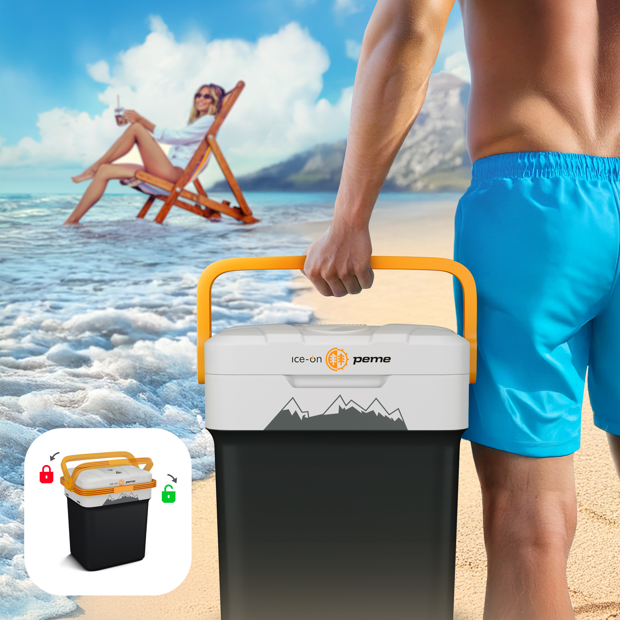 Mann trägt eine Kühlbox am Strand. Frau im Hintergrund sitzt. Strandszene mit Sand, Meer und Himmel.