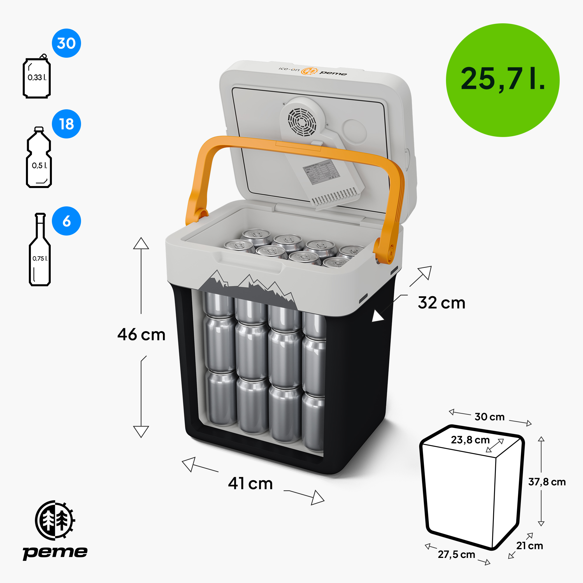 Weiß-schwarze Kühlbox mit orangefarbenem Griff, geöffnet, mit Getränken. Maße und Mengenangaben sind abgebildet.