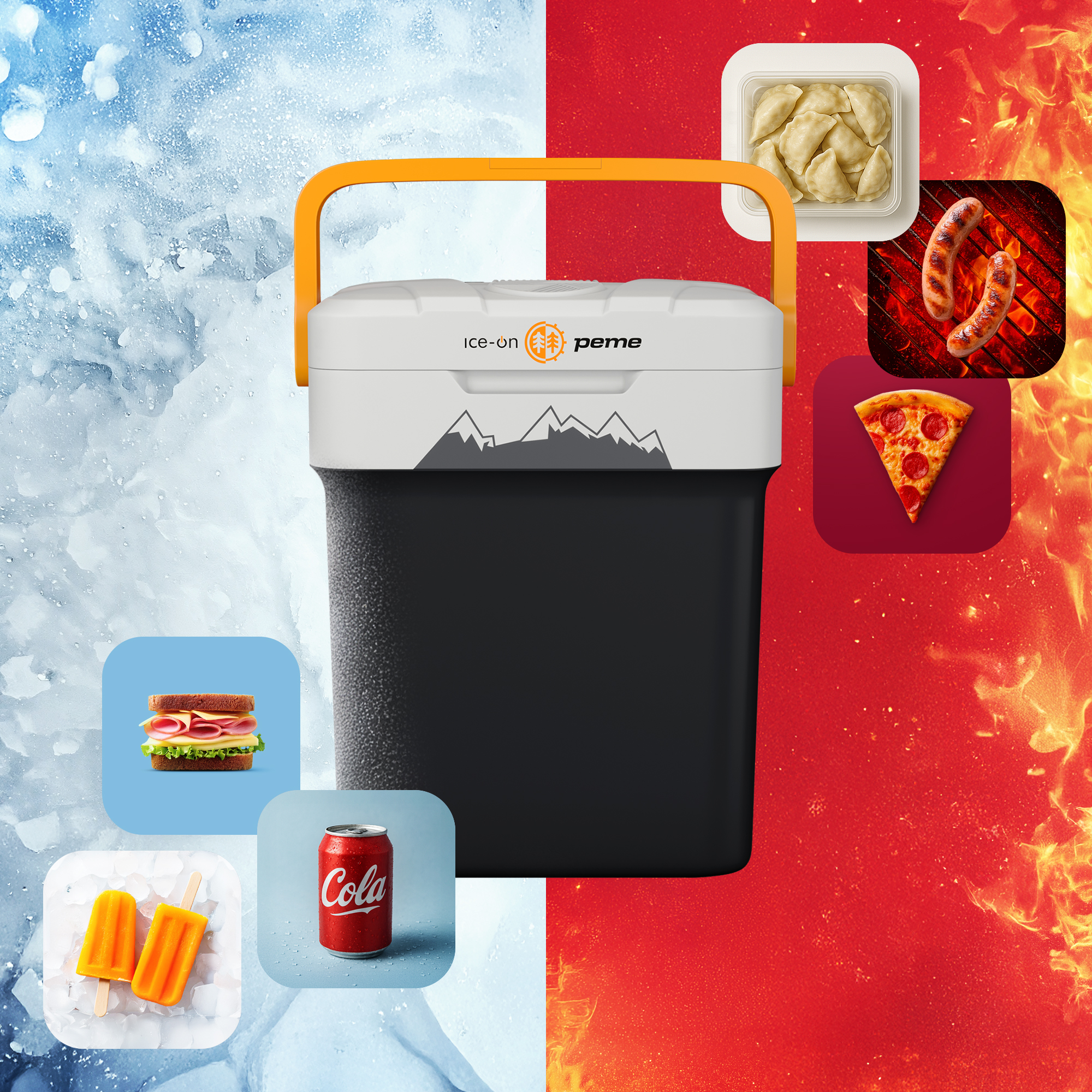 Kühlbox mit Essen und Getränken. Eine Seite ist kalt mit Artikeln. Die andere Seite ist heiß mit Essen. Ice-on Kühlbox.