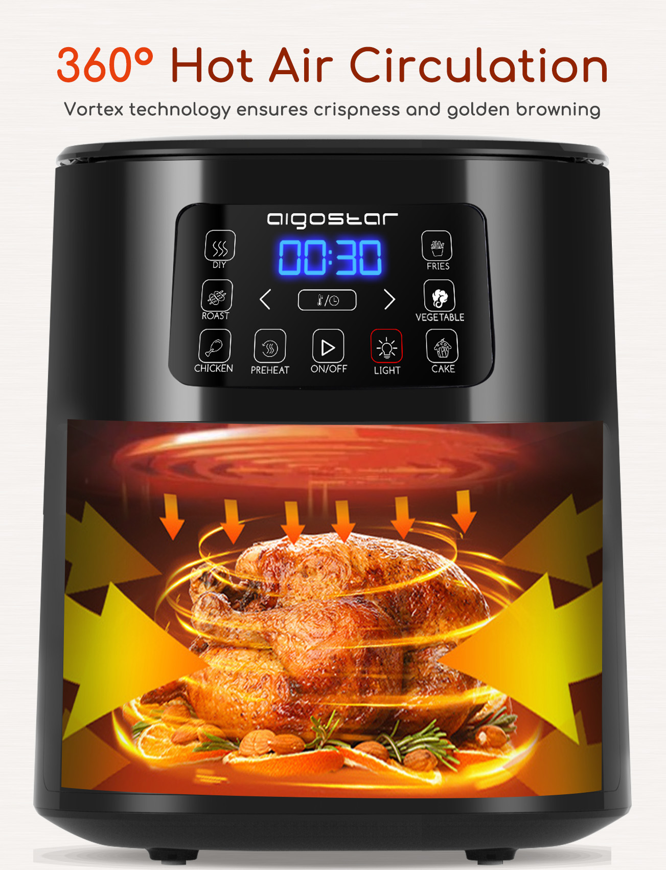Freidora de aire negra con pollo dentro. Las flechas muestran la circulación del aire caliente. Pantalla digital muestra hora.