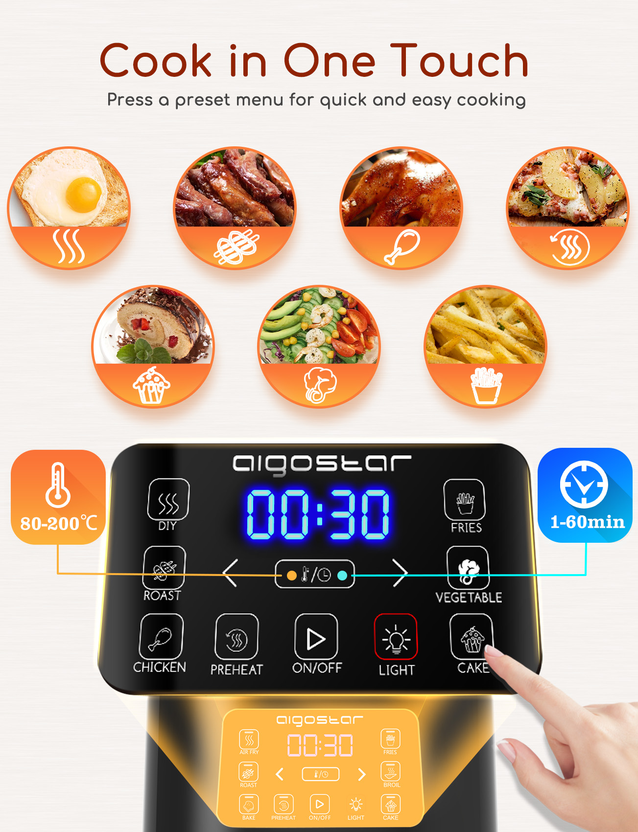 Freidora de aire con panel de control e imágenes de comida. Una mano toca un botón. Pantalla de tiempo. Varios platos.