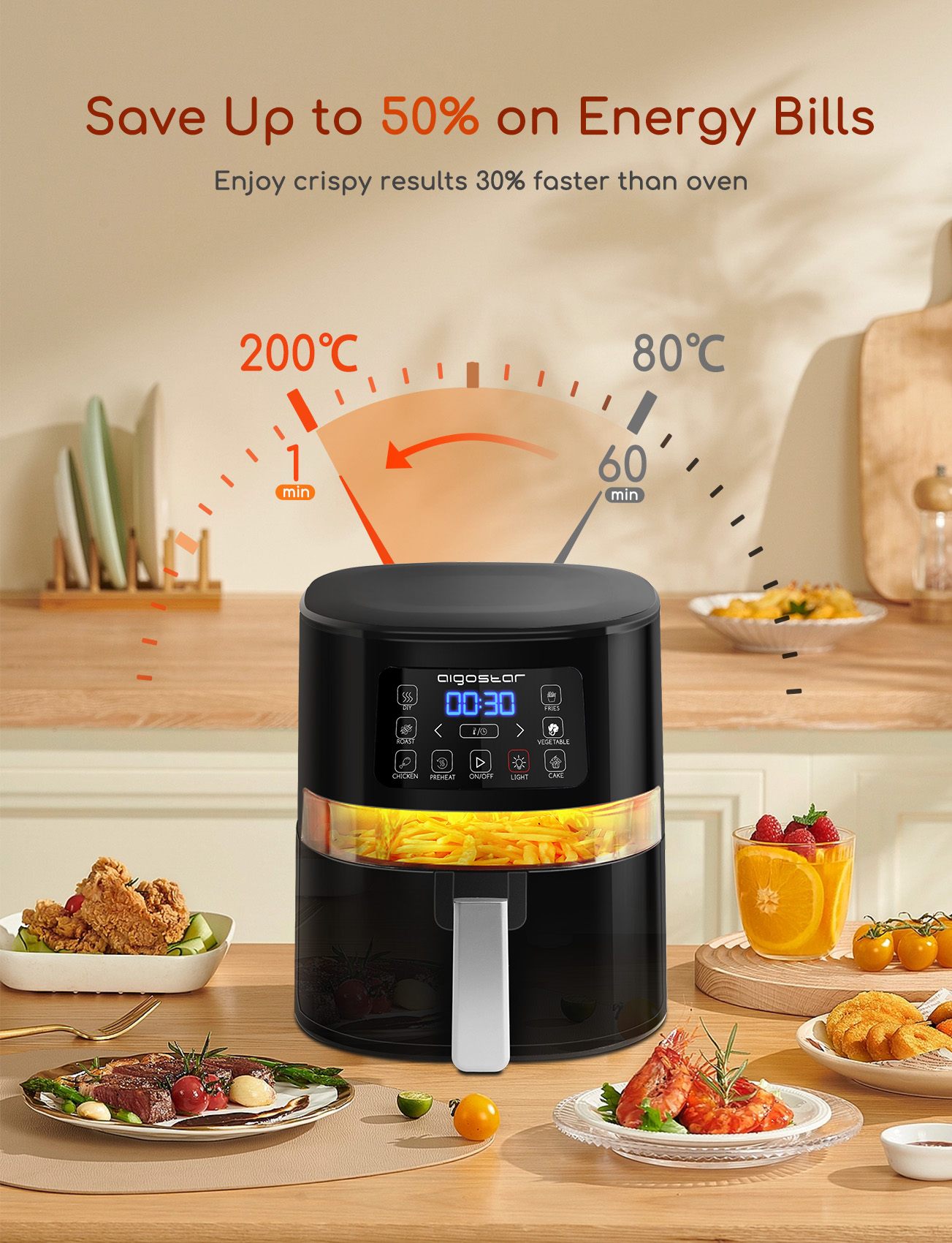 Freidora de aire con comida en la mesa. Muestra ajustes con temperaturas. Varios platos cocinados a los lados.