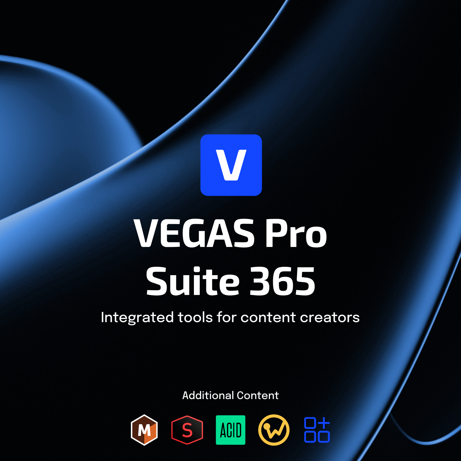 Logo Vegas Pro Suite 365 con icone: M, S, ACID, W e un quadrato con segno più. Testo: Strumenti integrati per creatori di contenuti.
