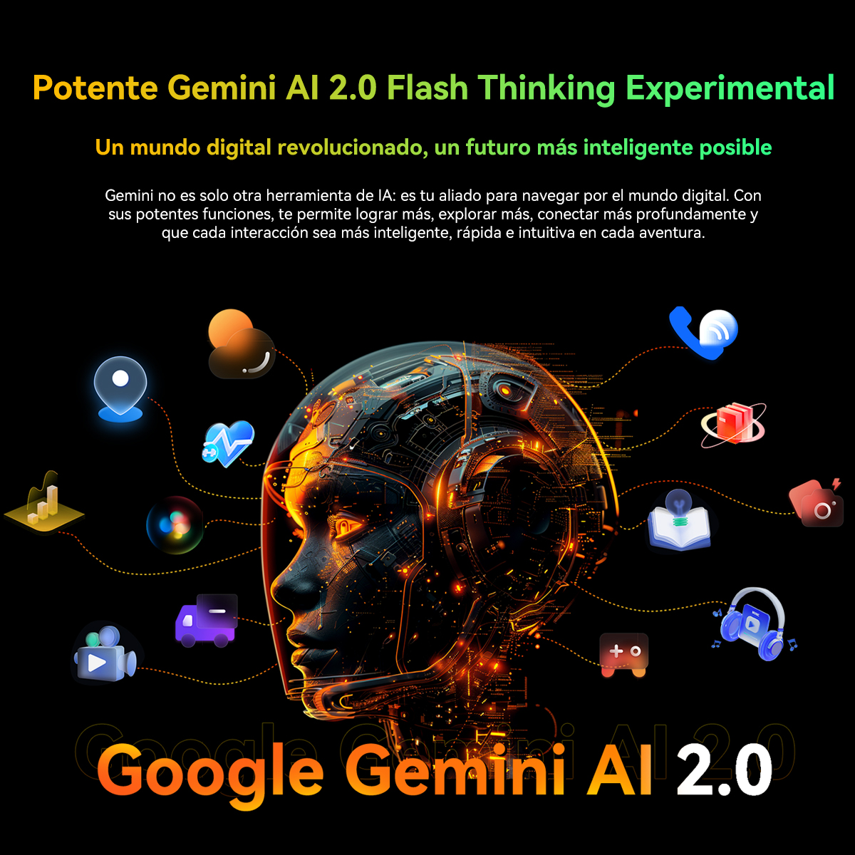 Una cara digital con iconos de aplicaciones conectadas. La frase "Google Gemini AI 2.0" está en la parte inferior.