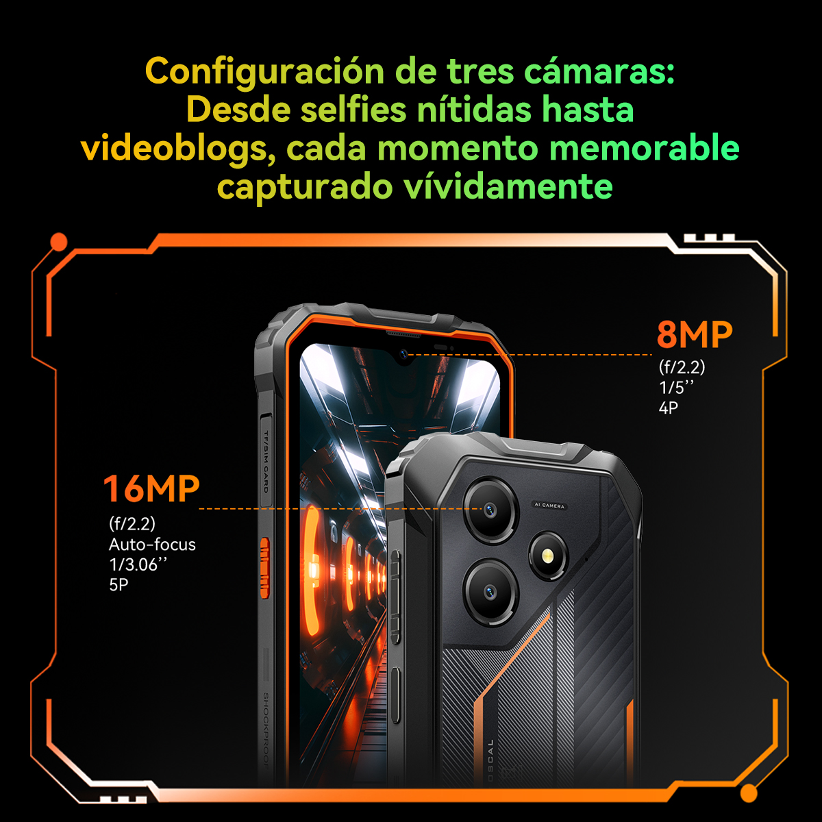 Primer plano de las cámaras del teléfono. El teléfono es negro y naranja con tres cámaras. Se muestran las especificaciones.
