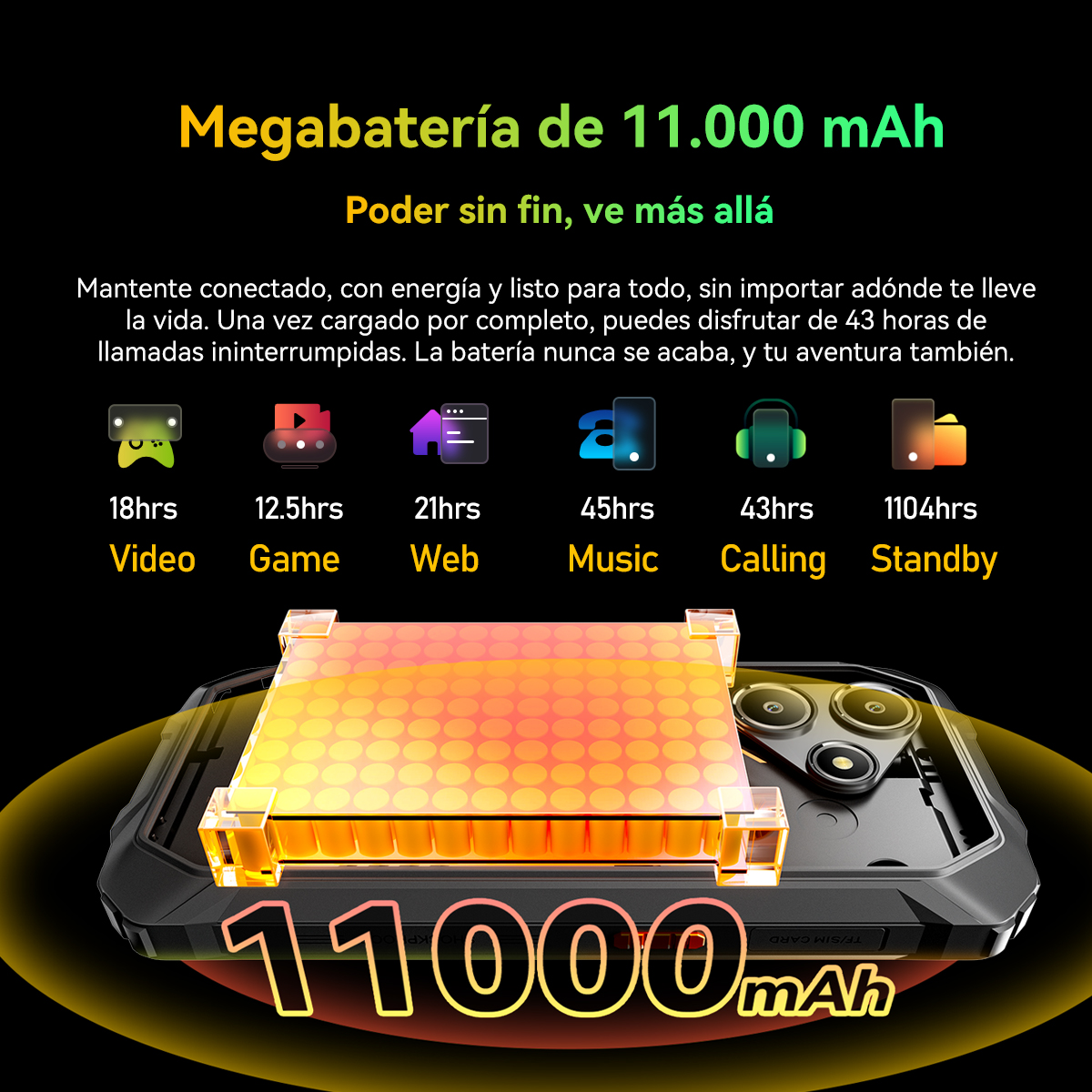 Teléfono con gráfico de batería que muestra 11000 mAh y tiempos de uso para video, juegos, web, música, llamadas y espera.