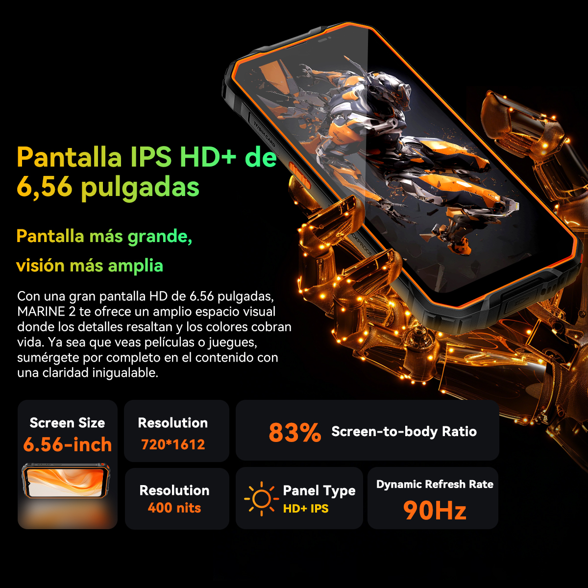 El teléfono muestra una pantalla con detalles sobre el tamaño de la pantalla, resolución, relación pantalla-cuerpo y tipo de panel.