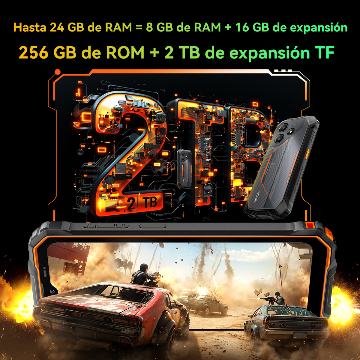 Pantalla del teléfono muestra una persecución de coches. Gráficos muestran RAM, ROM y expansión TF del teléfono.