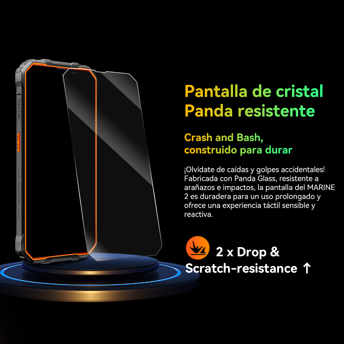 Dos protectores de pantalla, uno en un teléfono. Texto: "Crash and Bash, construido para durar". Resistencia a caídas y arañazos.