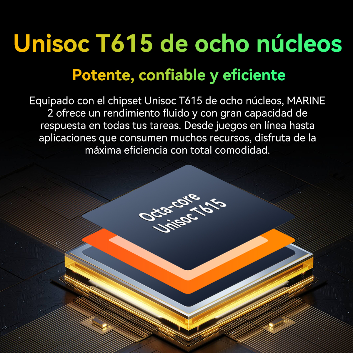 Se muestra un chipset con las palabras "Octa-core Unisoc T615". El teléfono es negro y naranja.