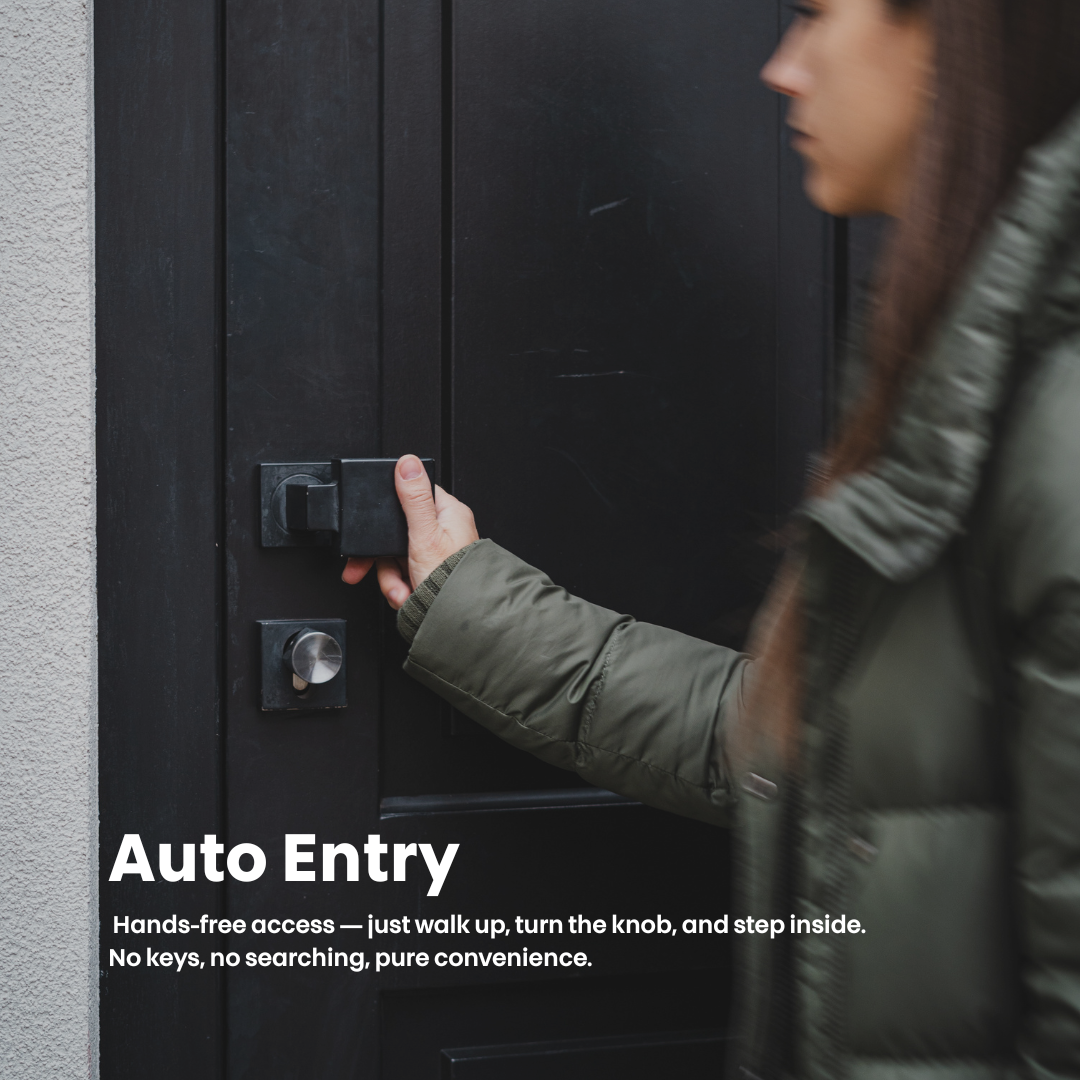 A person is entering a door with a smart lock. Text reads "Auto Entry".