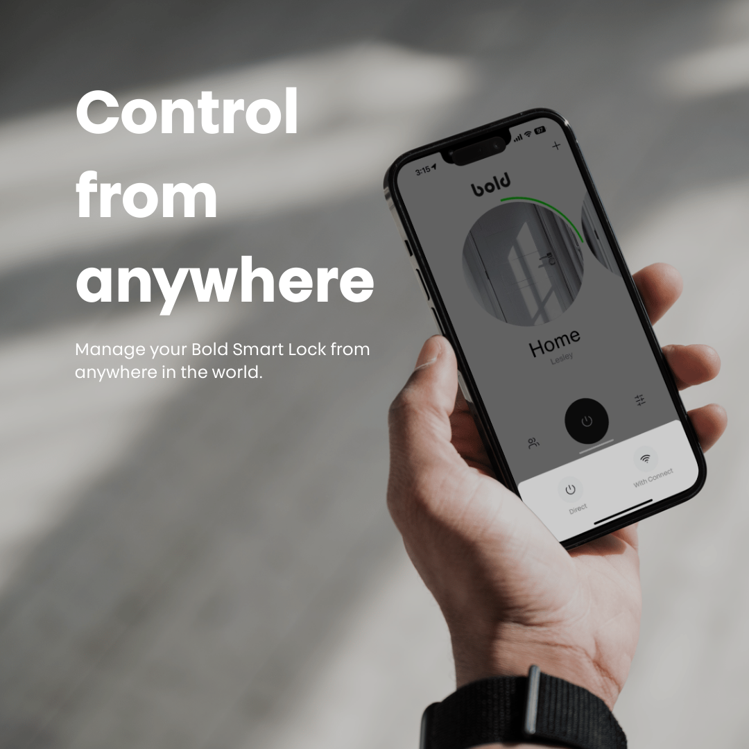 A person holding a phone shows a smart lock app. The text reads, "Control from anywhere".