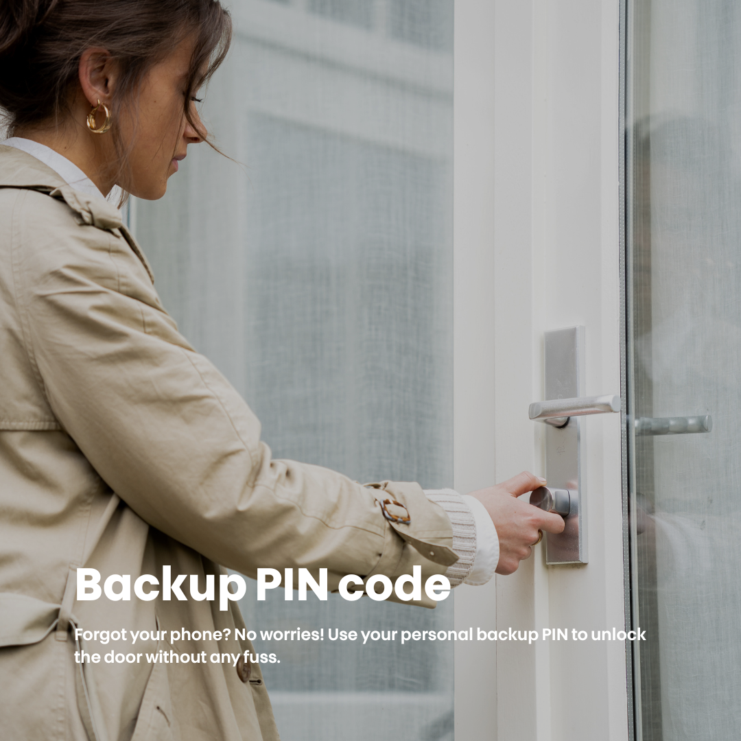 A person is using a backup PIN code to unlock a door. Text reads "Backup PIN code".