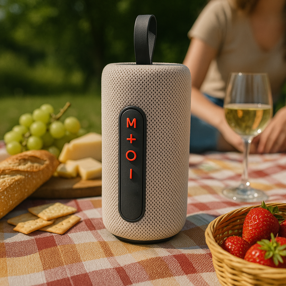 Picnic scene with a beige speaker, food, and a glass of white wine.