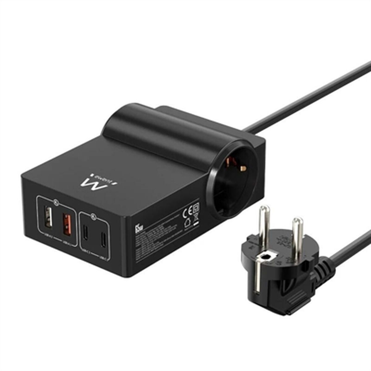 Estación de carga negra con puertos USB, toma de corriente y cable con enchufe.