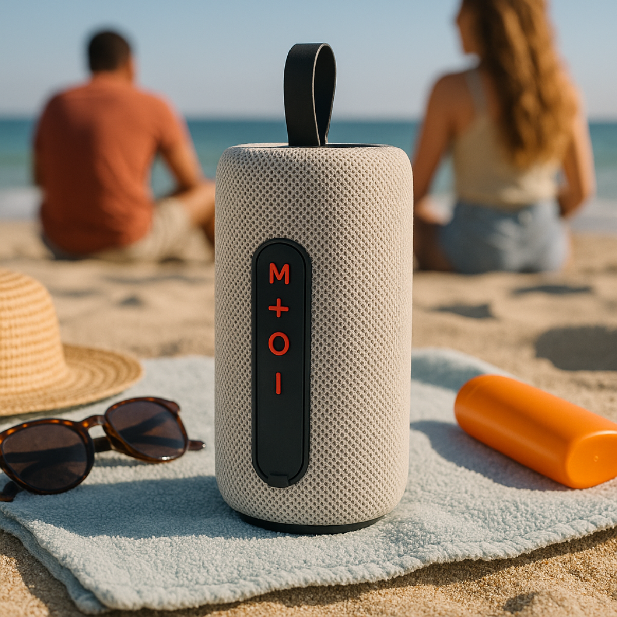A beige speaker on the beach with people in the background and sunglasses.