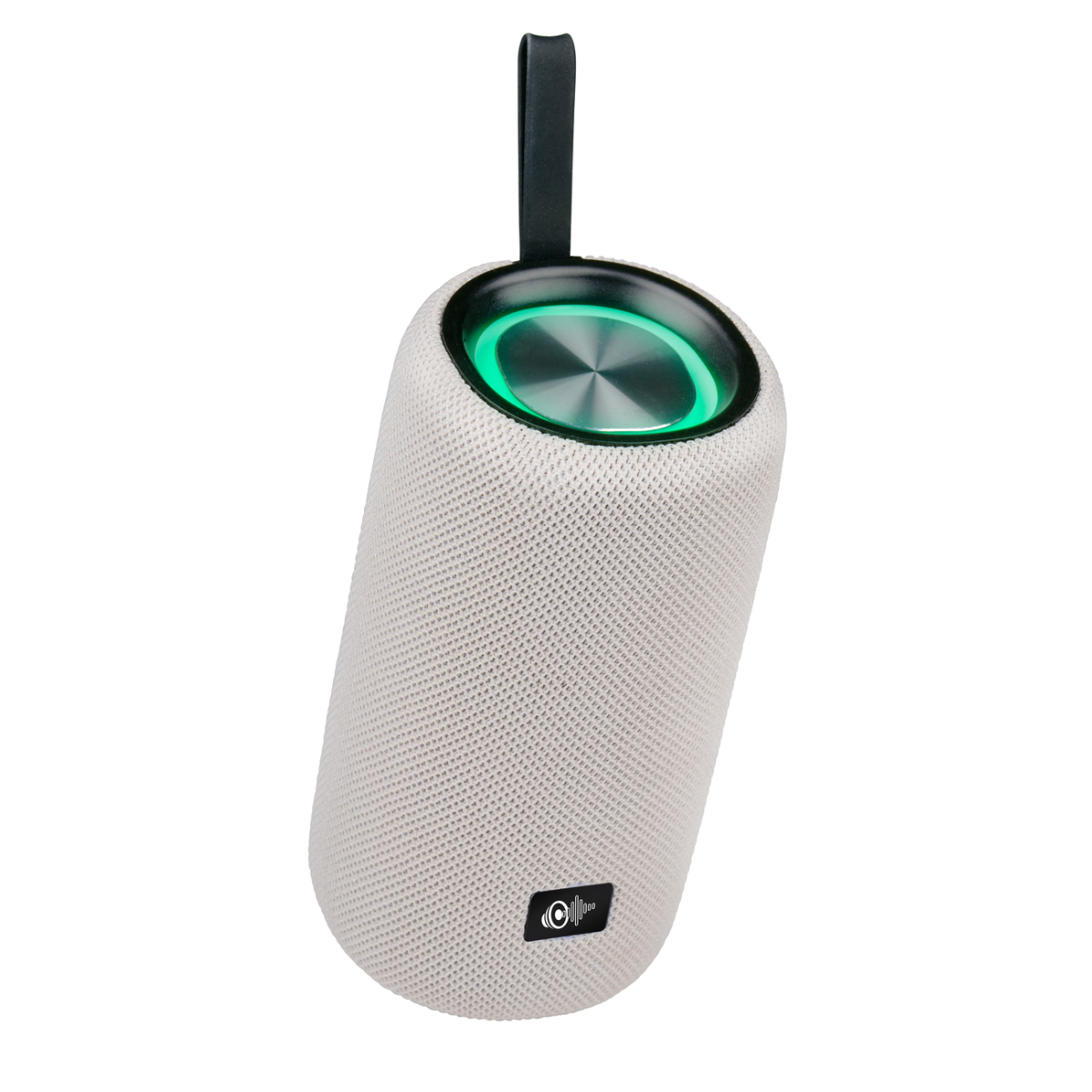 Beige cylindrical speaker with a lit green top and a handle.