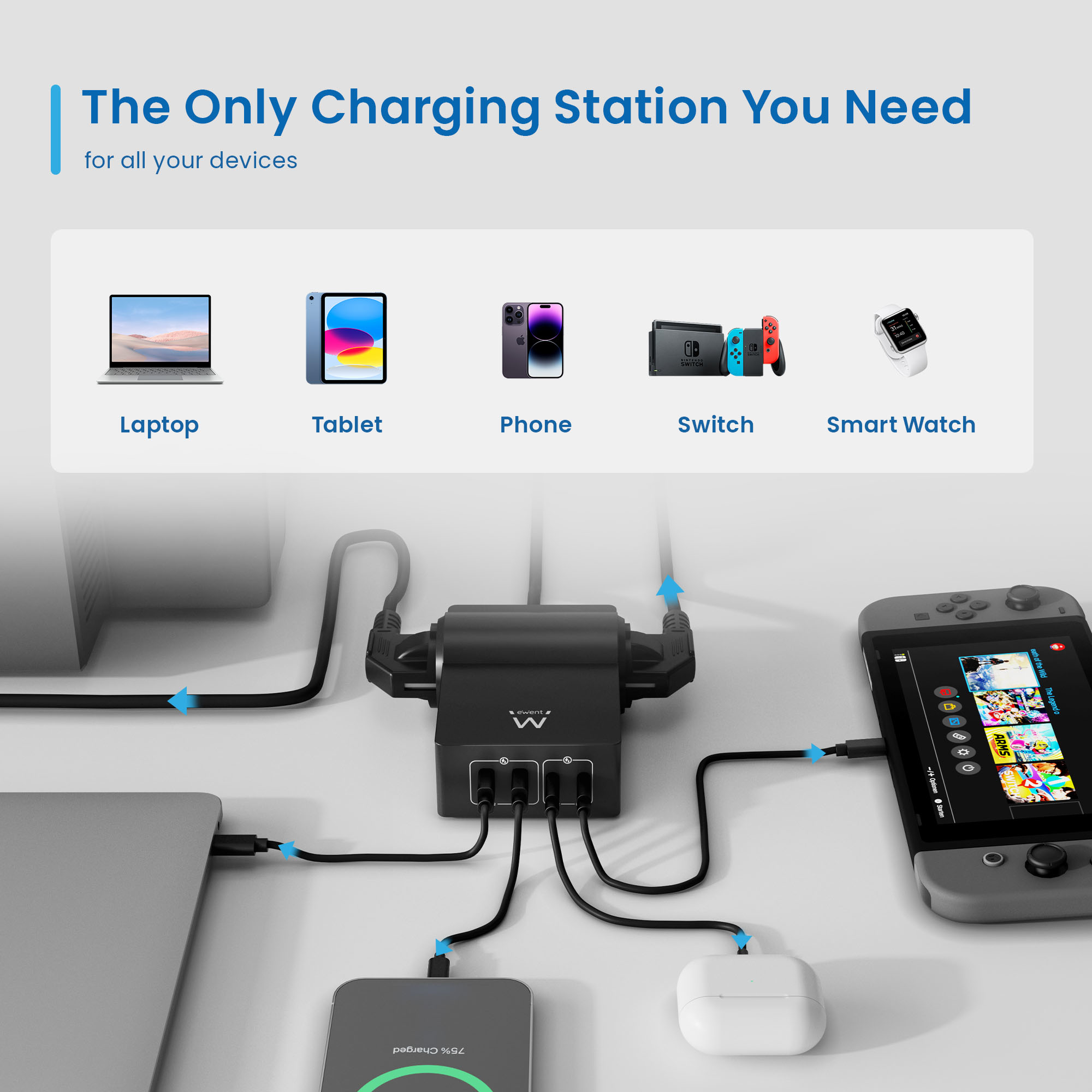 Múltiples dispositivos cargando desde una estación de carga negra. Portátil, tableta, teléfono, Switch y reloj.