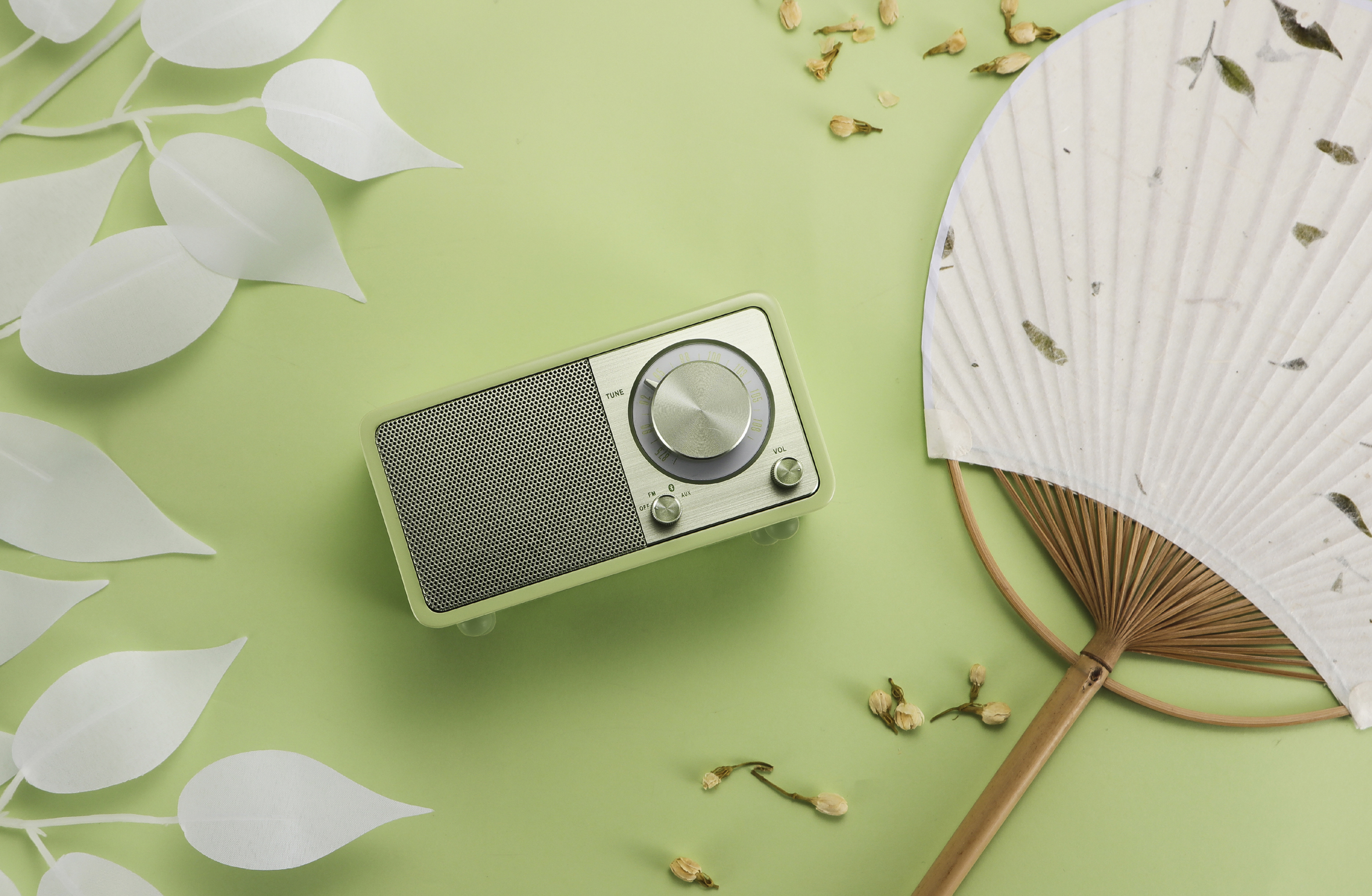 Zielone radio z wachlarzem na zielonym tle, z białymi liśćmi i białym wachlarzem.