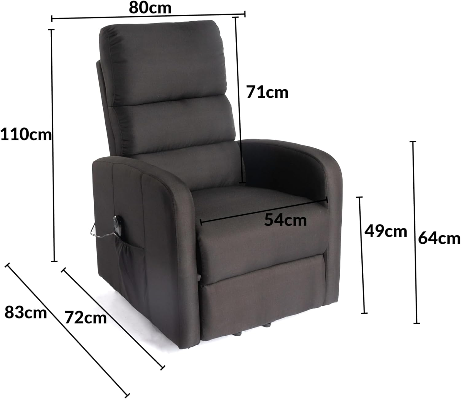 Sillón reclinable gris oscuro con dimensiones etiquetadas, sobre fondo blanco.