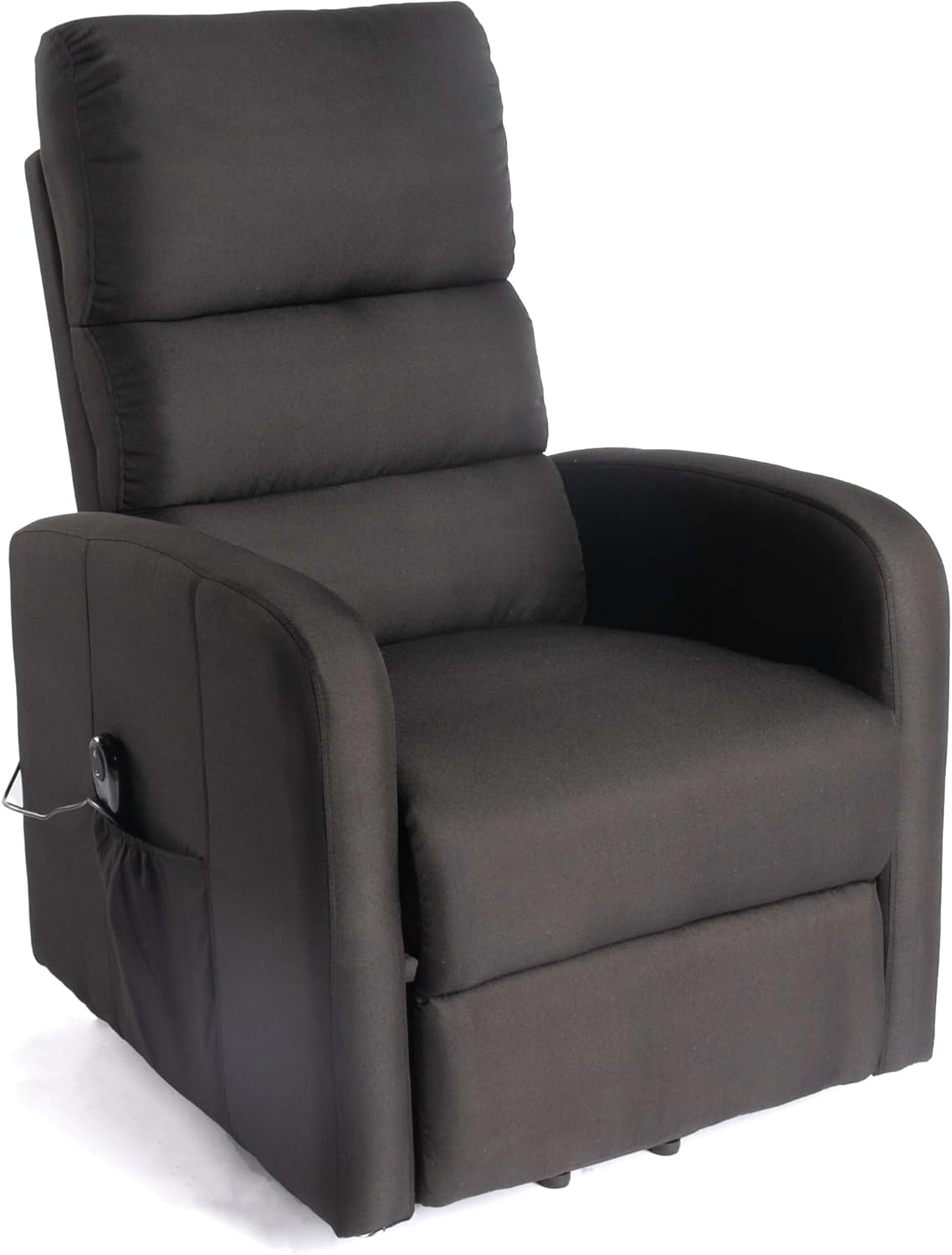 Sillón reclinable gris oscuro con un bolsillo lateral, frente a un fondo blanco.