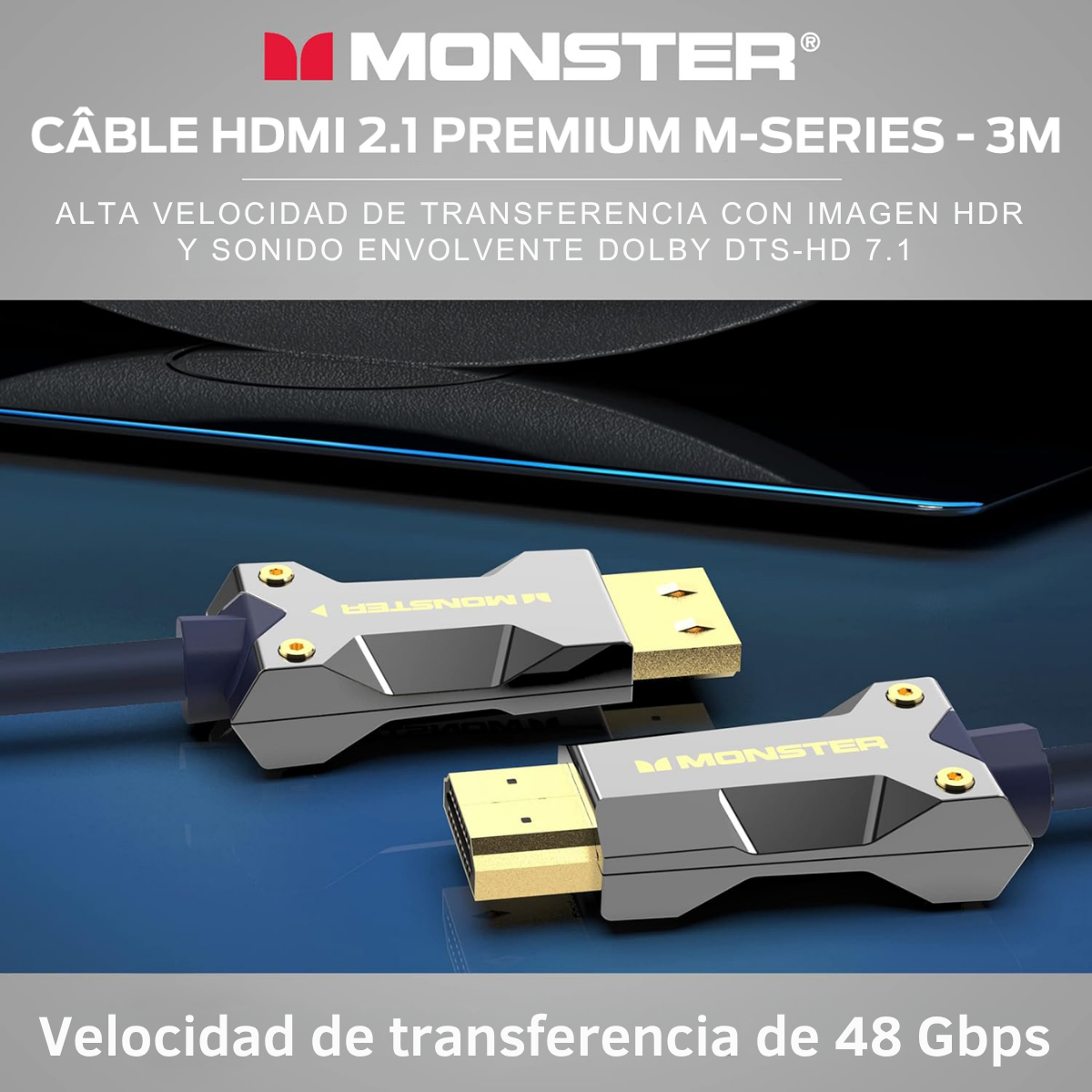 Dos cables HDMI con conectores dorados y el logotipo 'Monster', información del producto.