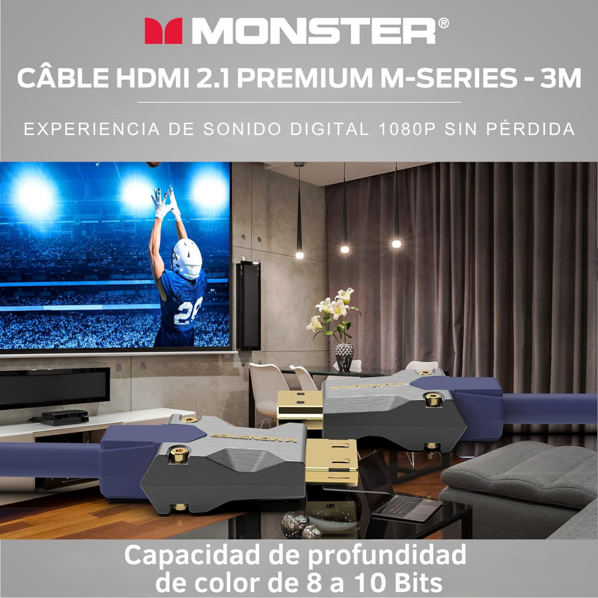 Cables HDMI con conectores dorados, una pantalla de TV y un hombre jugando al fútbol.
