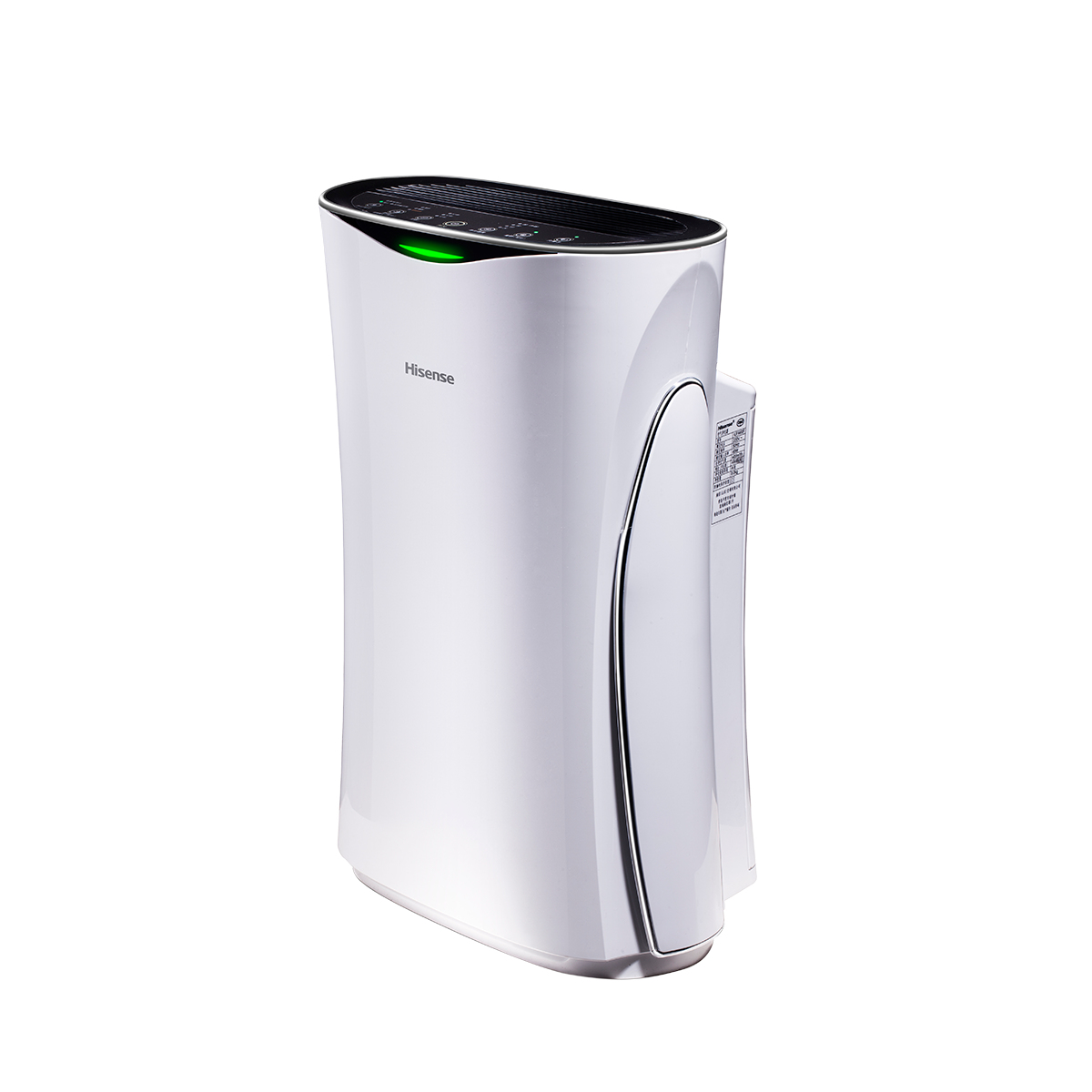 Purificatore d'aria Hisense bianco, vista angolata. Luce verde in alto. Design dettagliato.