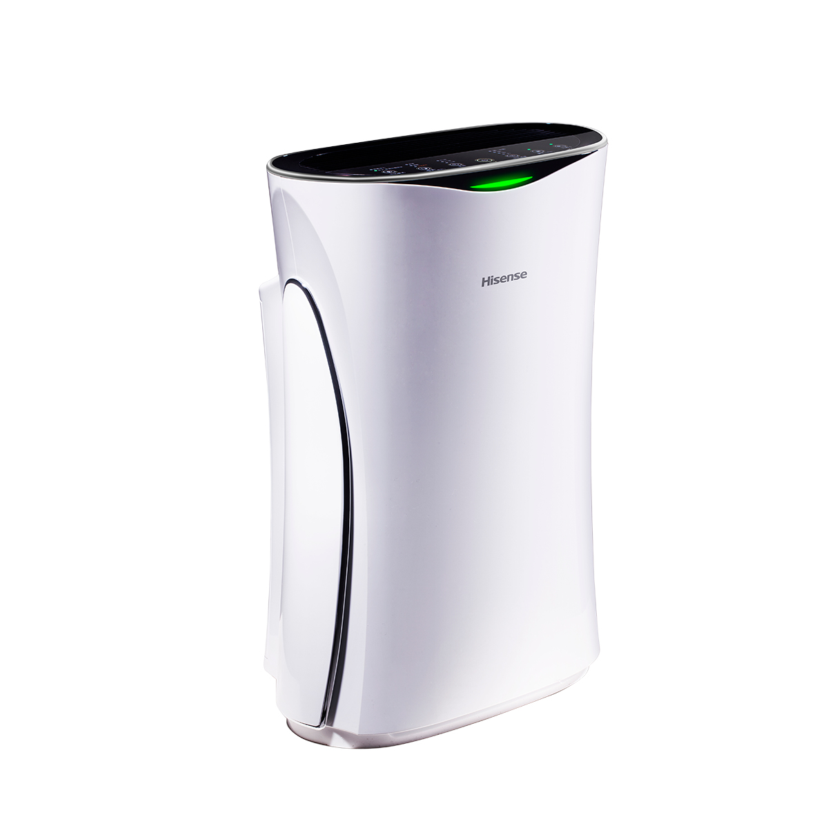 Purificatore d'aria Hisense bianco, vista angolata. Luce verde in alto. Design elegante.