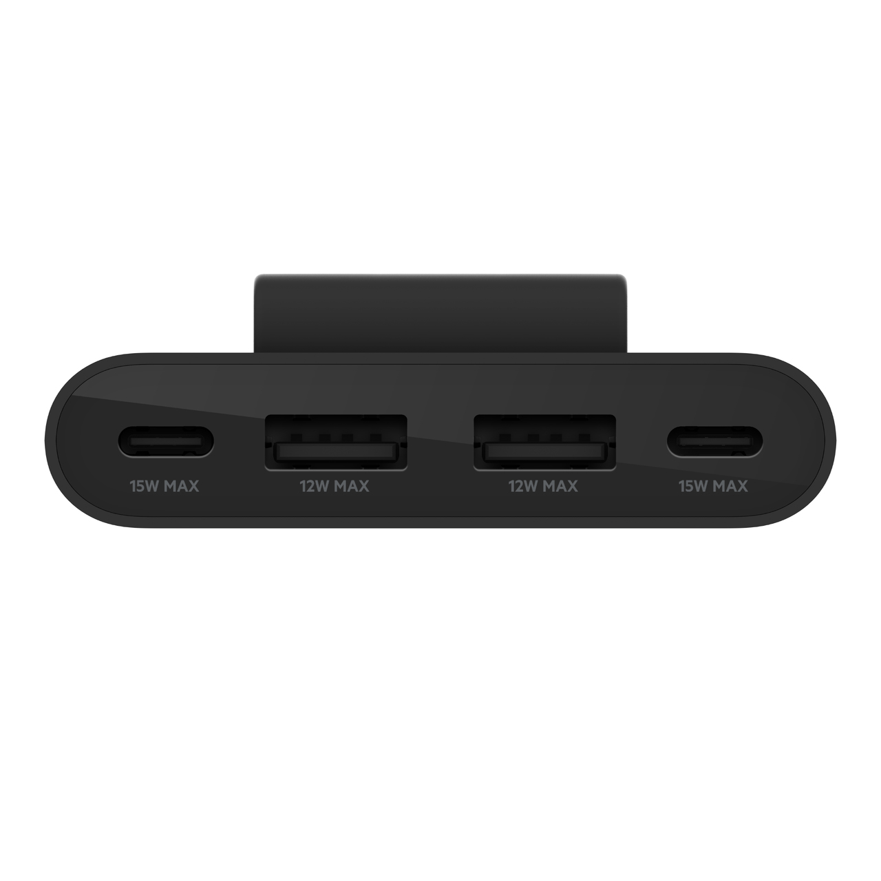 Hub USB nero con quattro porte. Sfondo bianco.