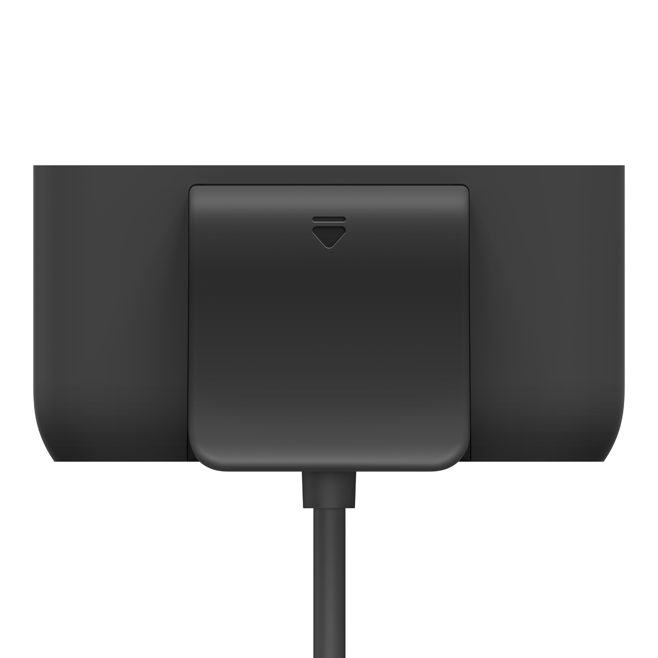 Hub USB nero con un cavo nero. Sfondo bianco.
