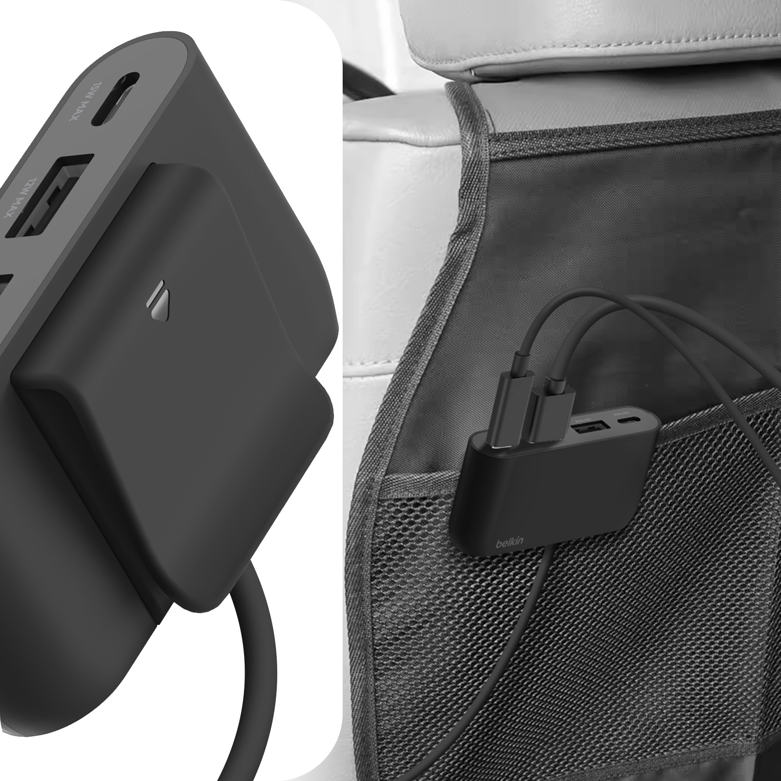 Hub USB nero con cavo nero e accessori. Sfondo sedile auto.