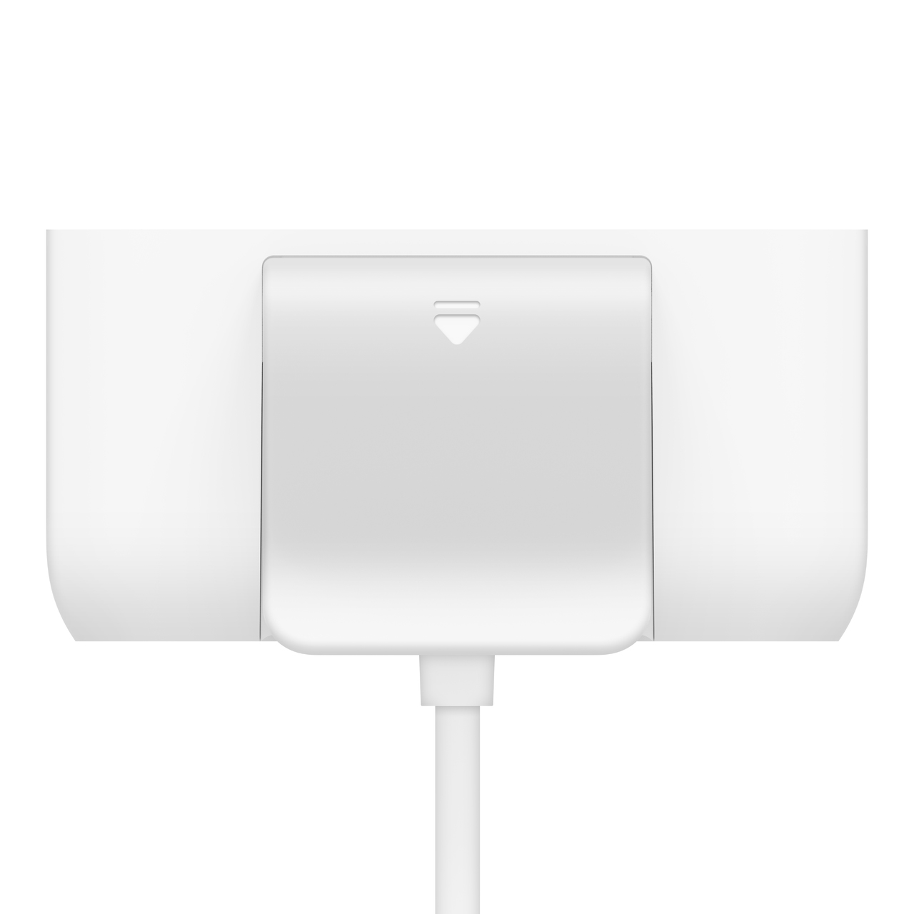 Hub USB bianco con una copertura bianca e un cavo bianco. Sfondo bianco.