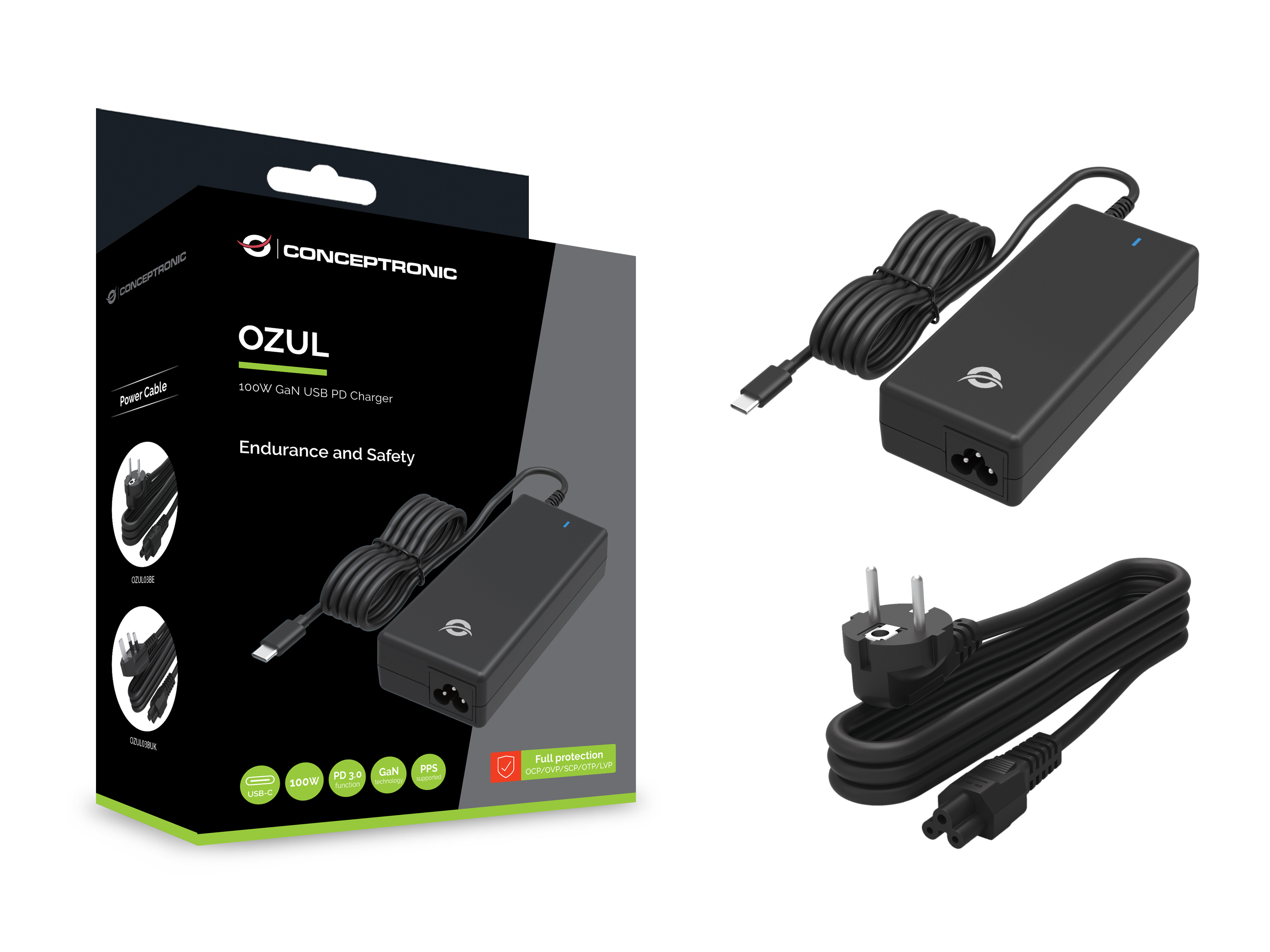 Cargador Conceptronic negro con cable y caja negros. Fondo blanco.